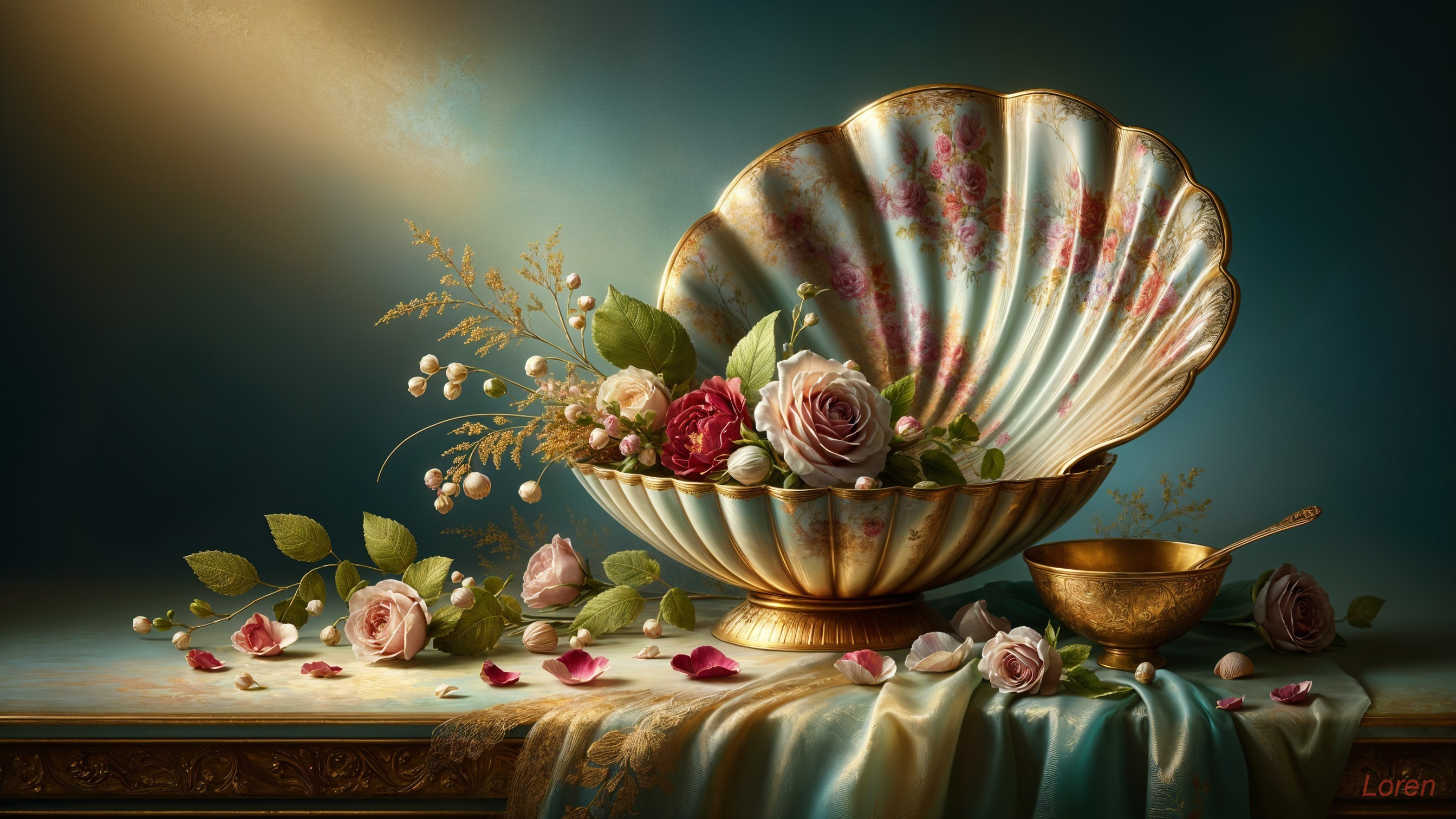 Elegant Still Life with Shell Bowl and Roses
