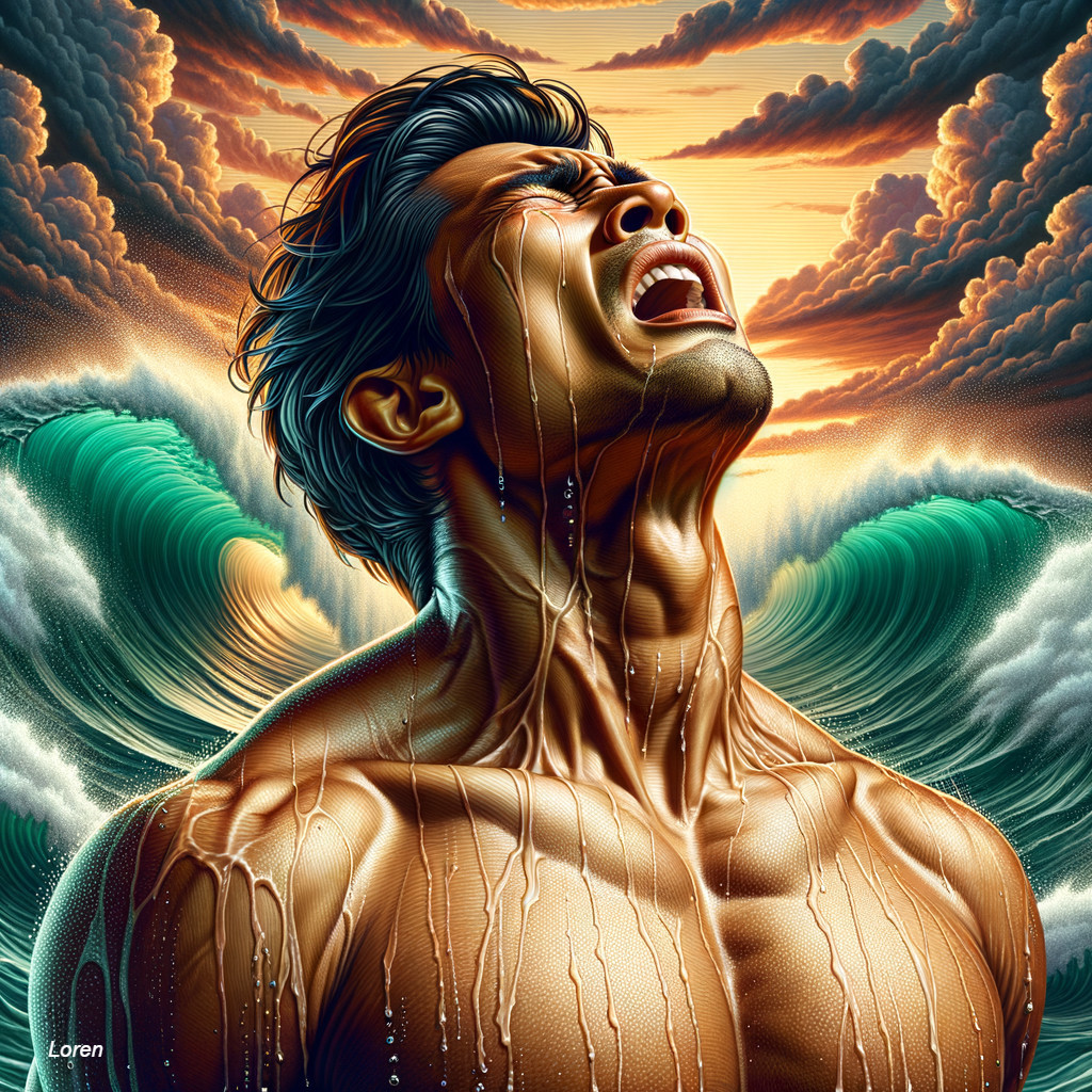 Muscular Man Amidst Dramatic Ocean and Sunset Colors