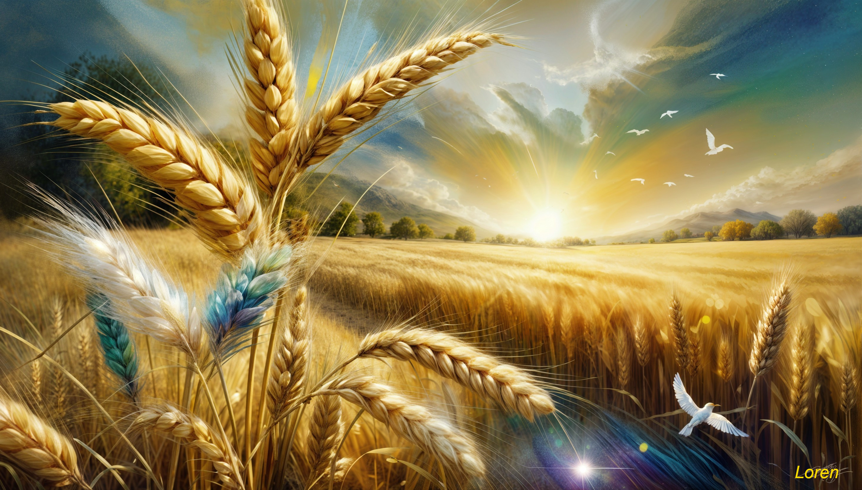 Golden Wheat Fields at Sunrise with Blue Sky