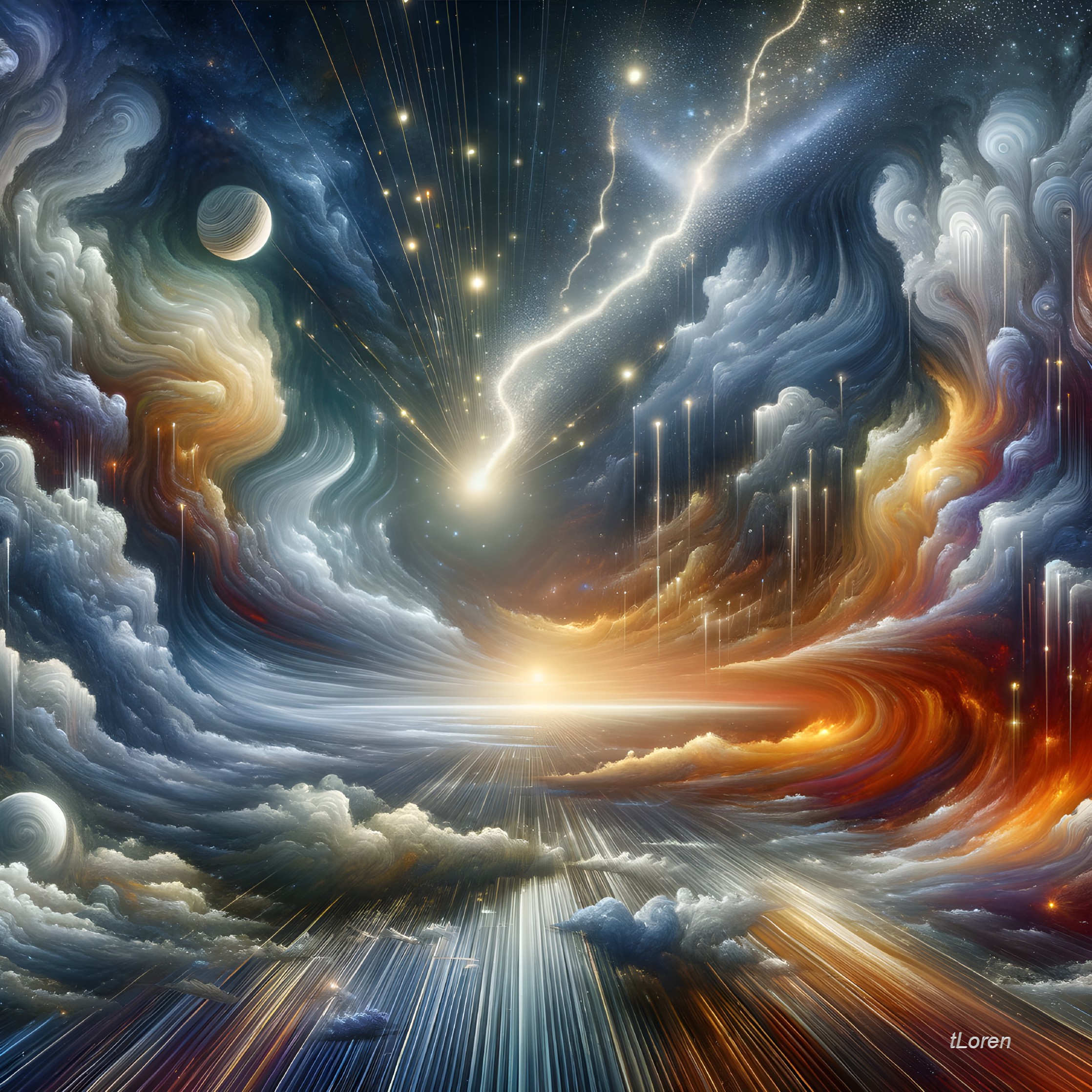 Surreal Cosmic Scene with Vibrant Colors and Light Beams