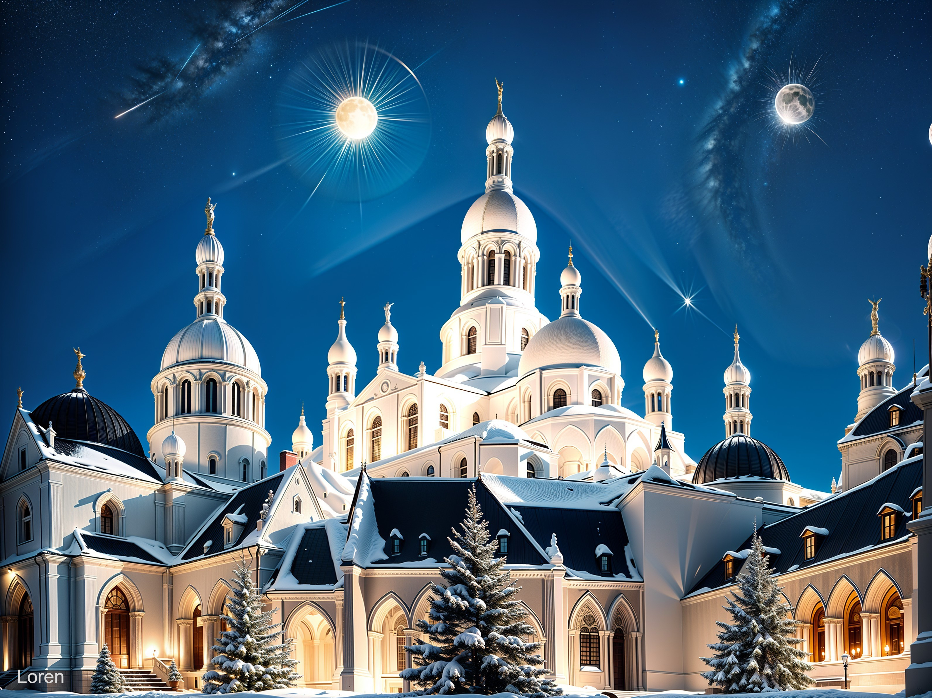 Majestic Church Under Starry Night with Snowy Trees