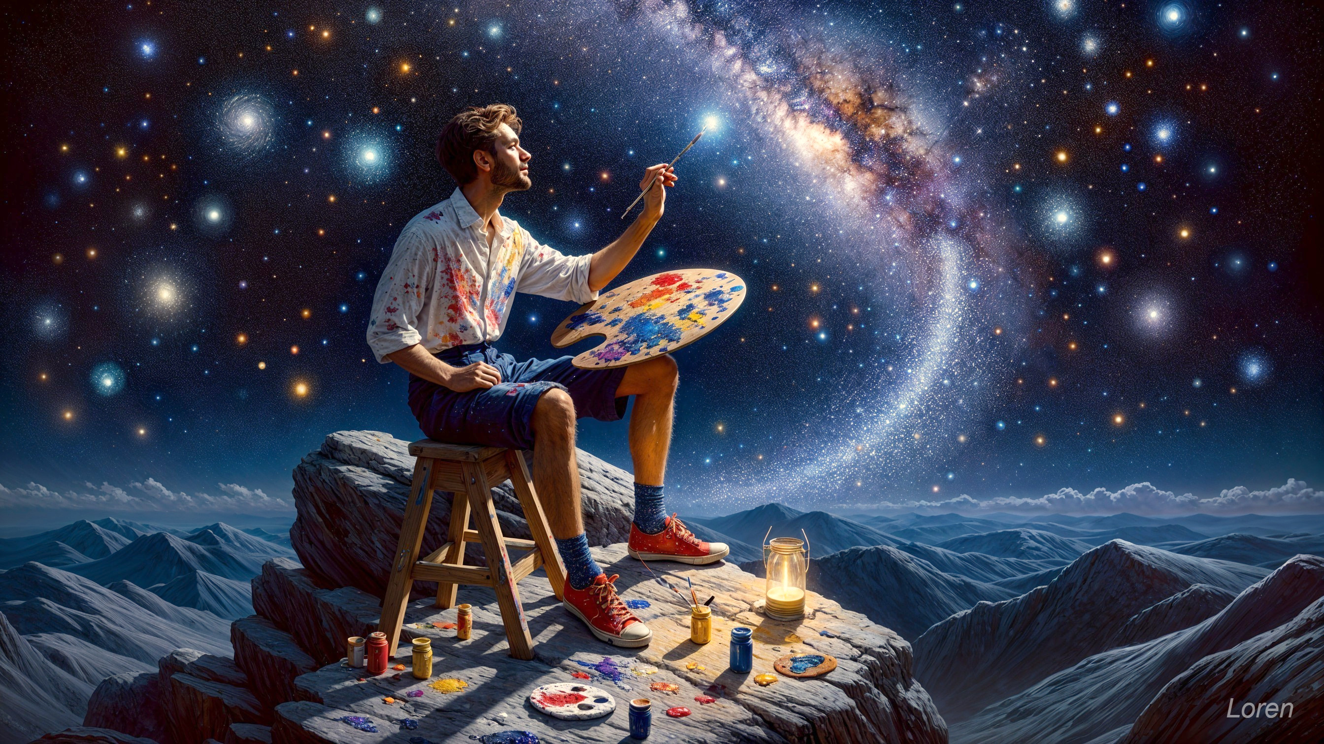 Young artist painting a galaxy on a rocky outcrop