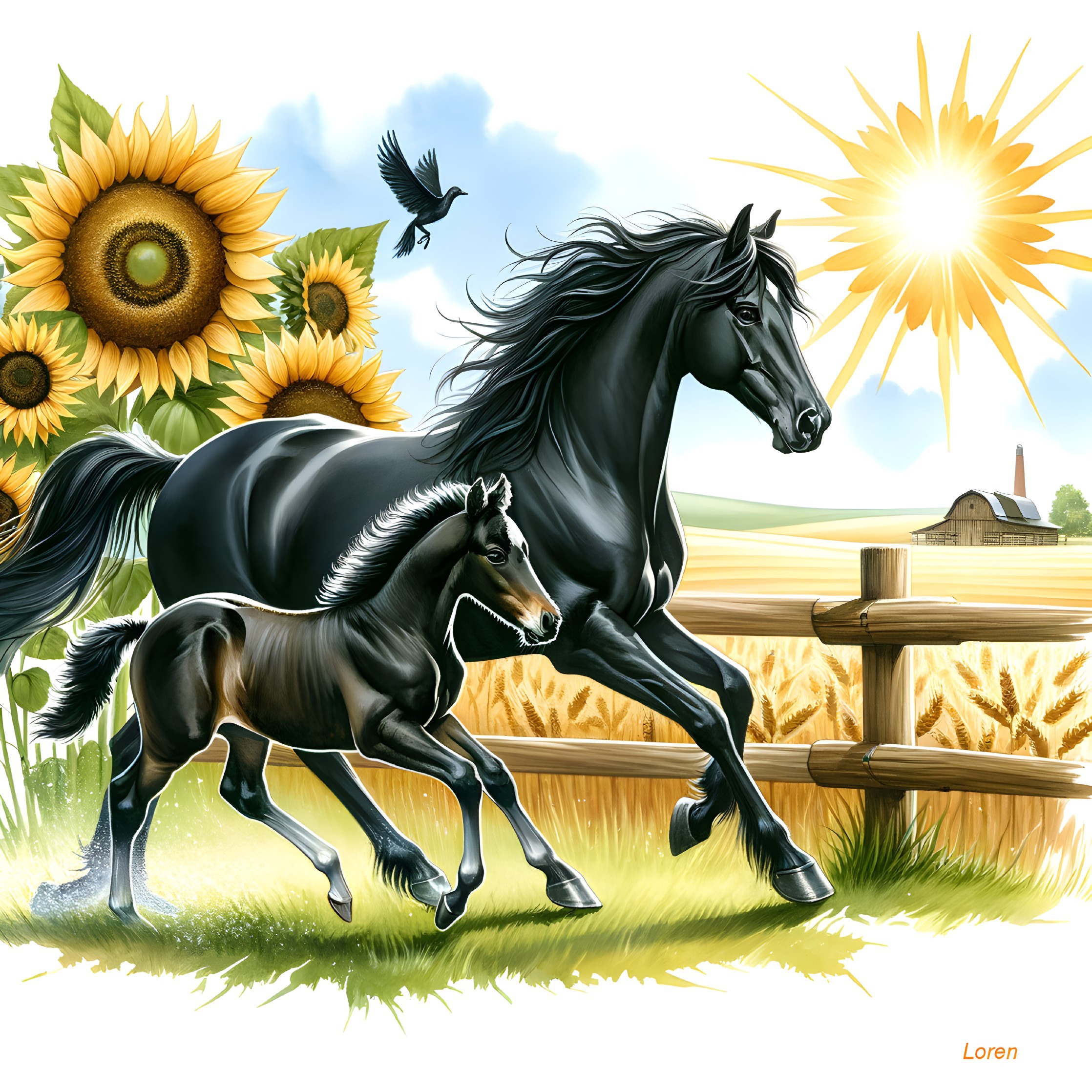Black Horse and Foal in Sunflower Field Scene