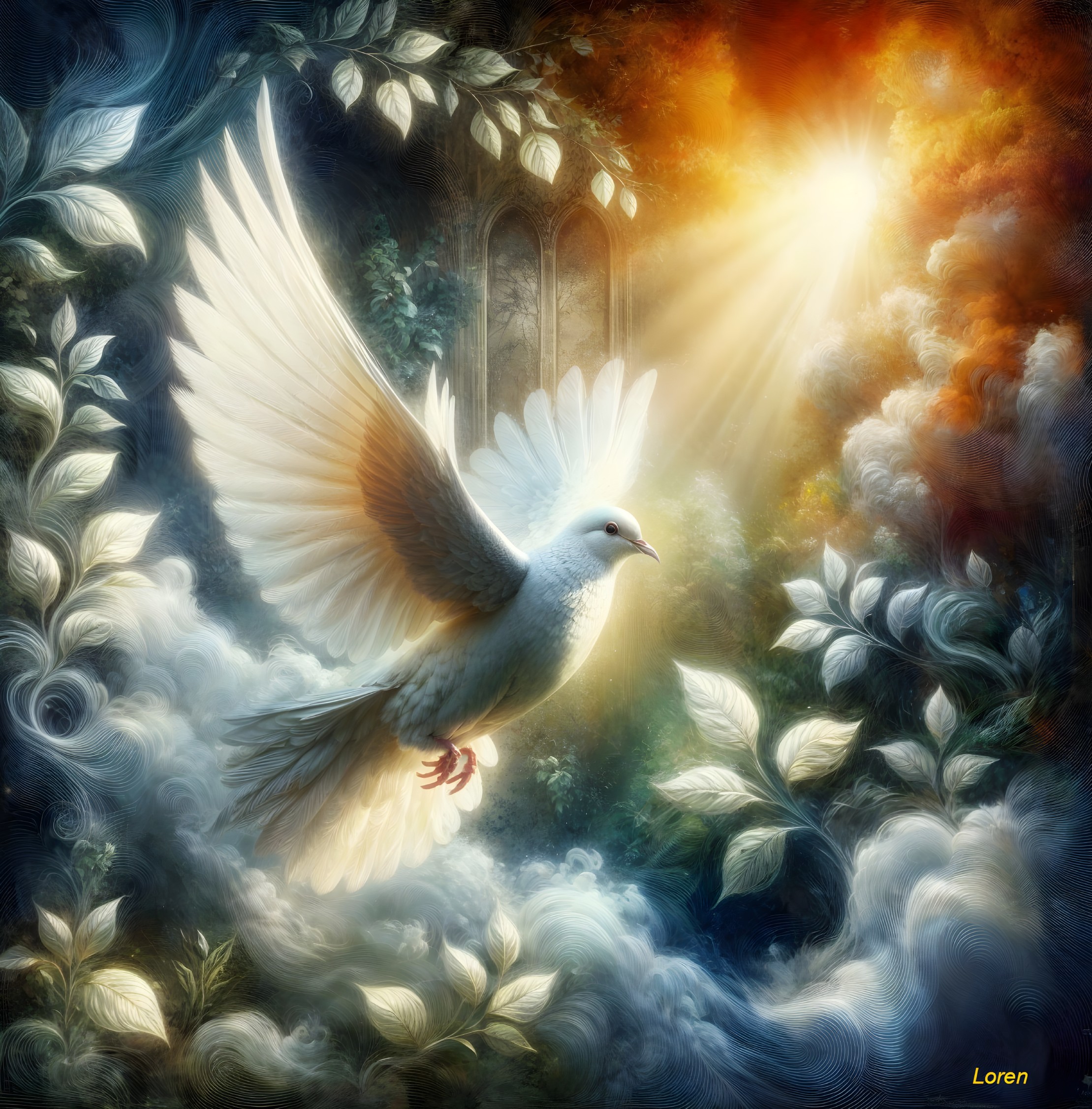Majestic White Dove in Dreamlike Landscape
