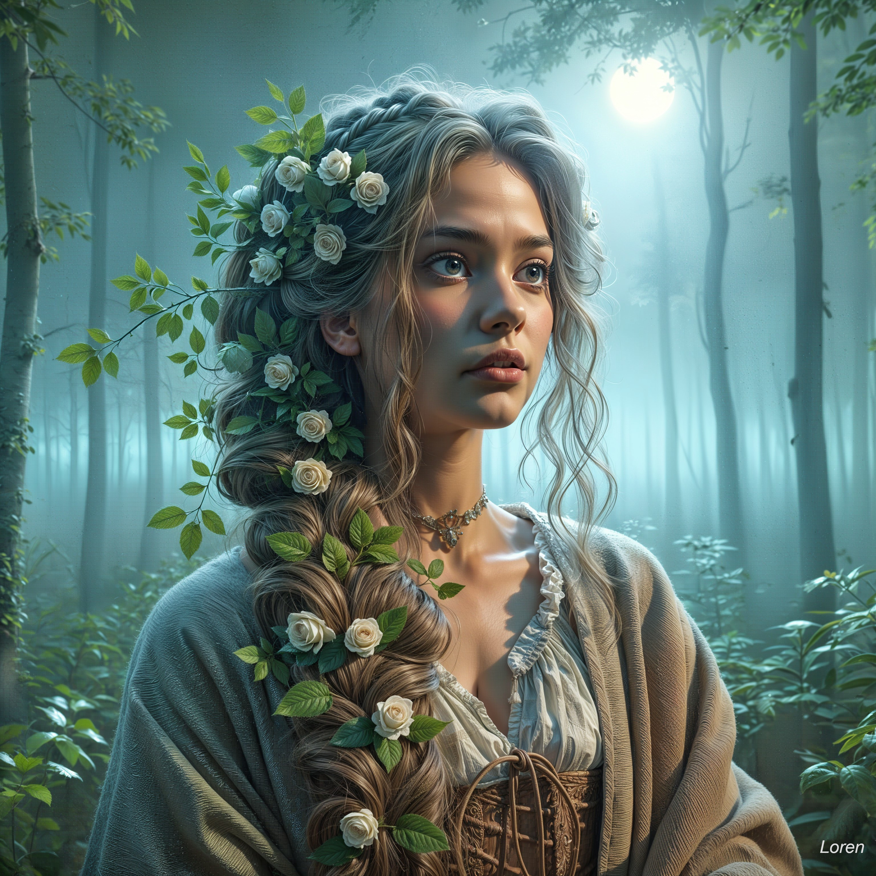 Young woman in a misty forest with floral adornments