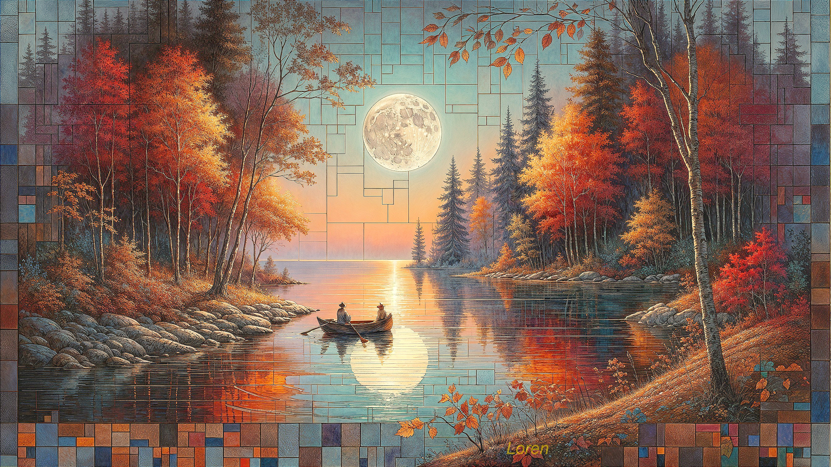Autumn Landscape with River and Moonlit Reflection