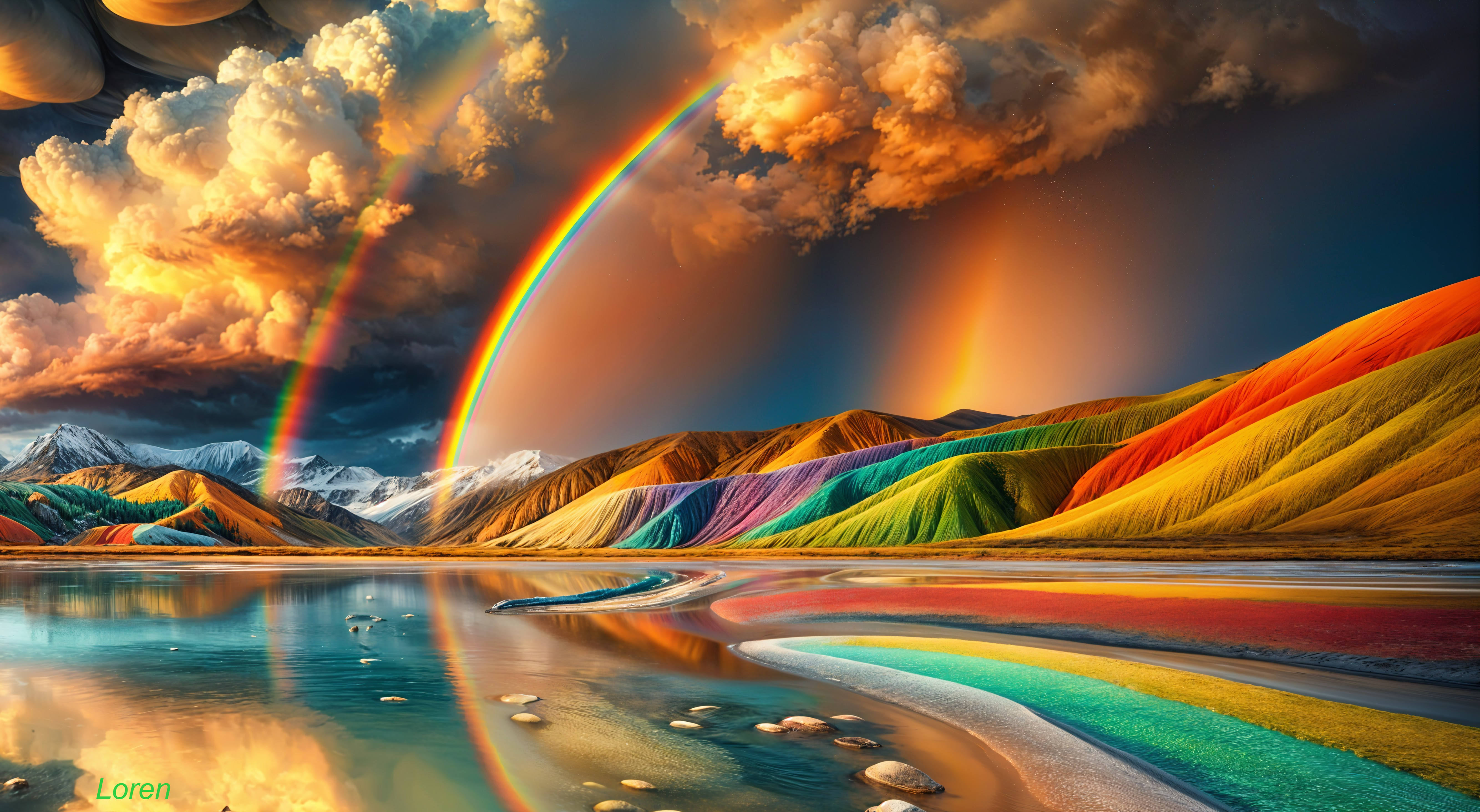 Vibrant Multicolored Hills and Serene Lake Landscape