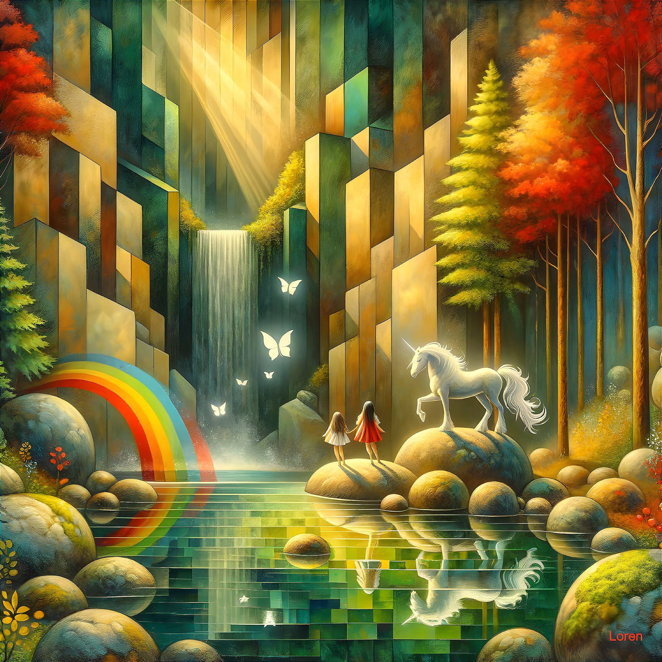 Girls by River with Unicorn in Colorful Landscape