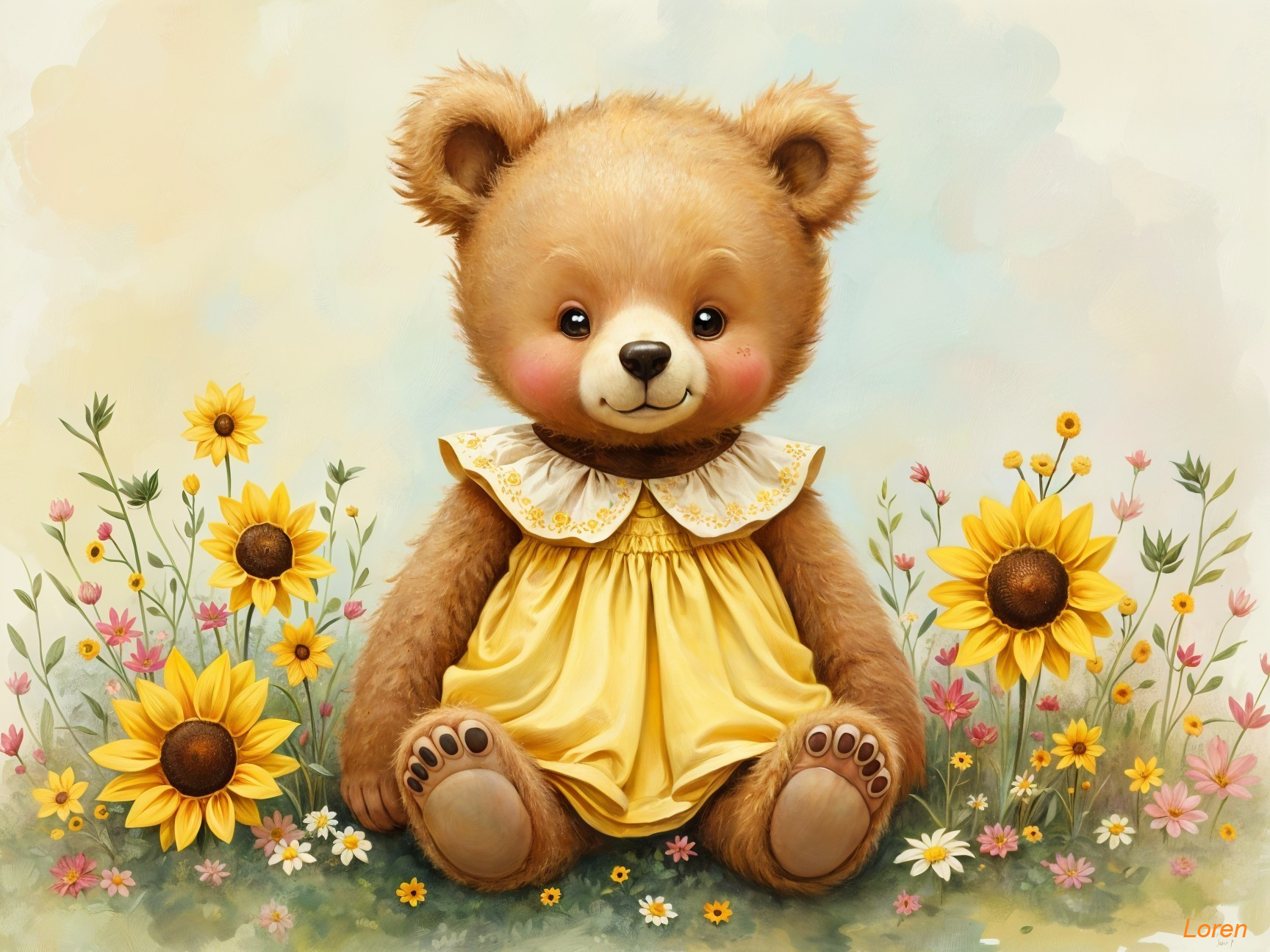 Fluffy Teddy Bear Surrounded by Colorful Flowers