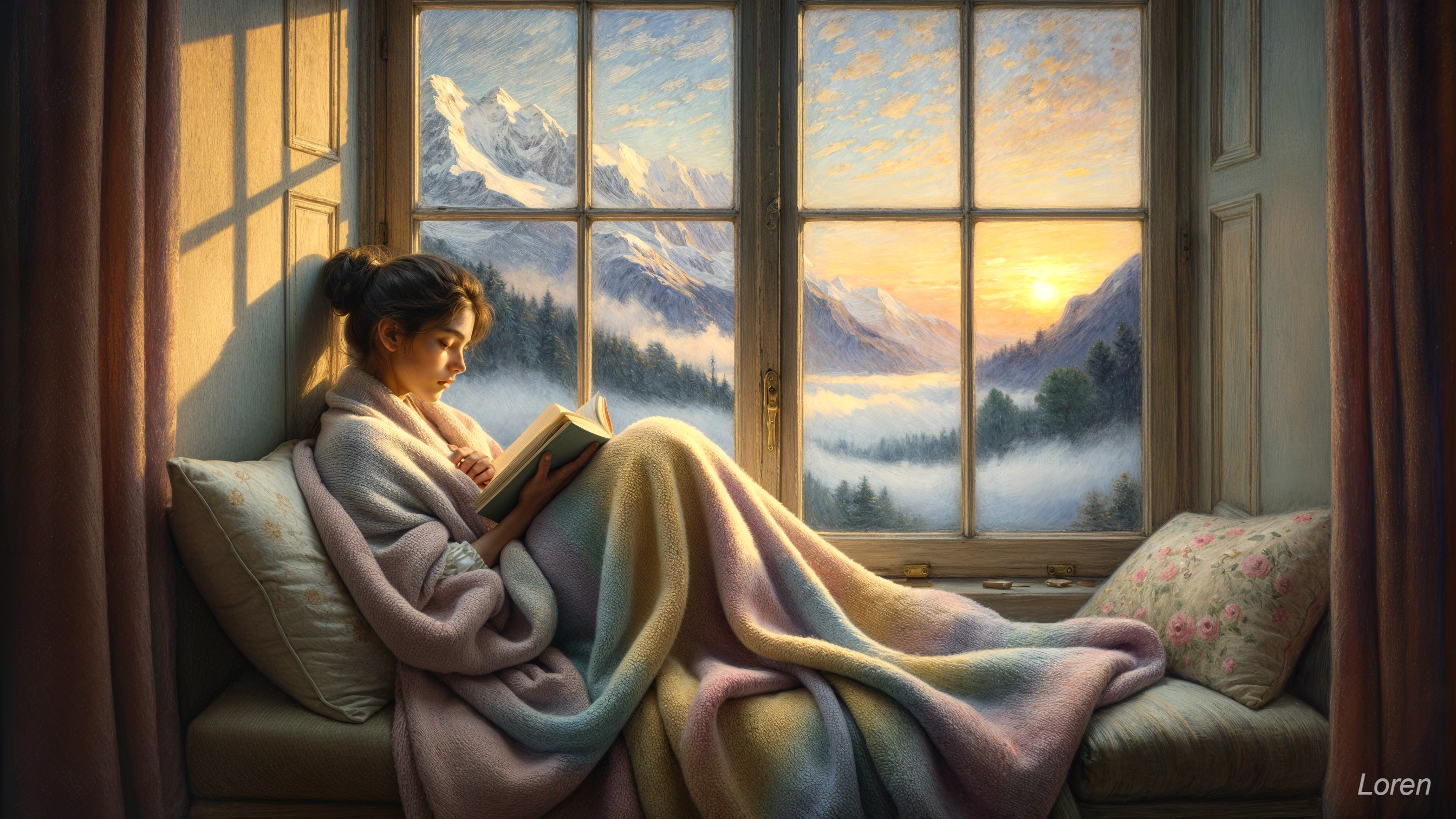 Young Woman Reading in Cozy Nook with Mountain View