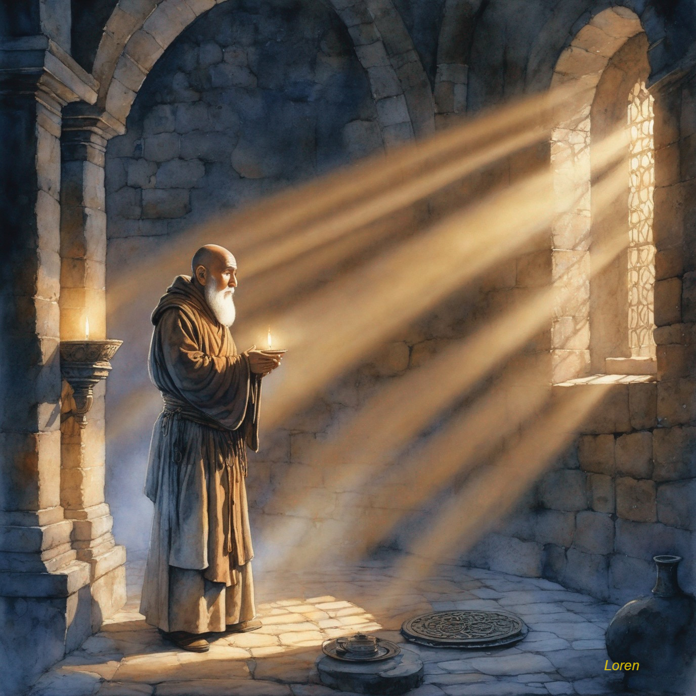 Monk in Stone Chamber with Candle and Sunlight Rays