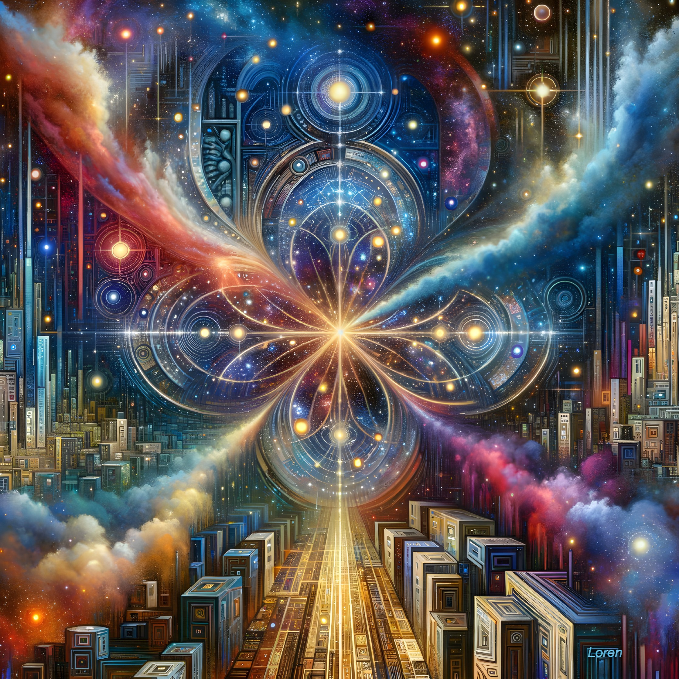 Vibrant Swirling Galaxy with Futuristic Cityscapes
