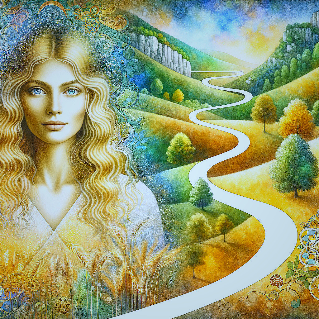 Ethereal Woman in Vibrant Autumn Landscape Artwork