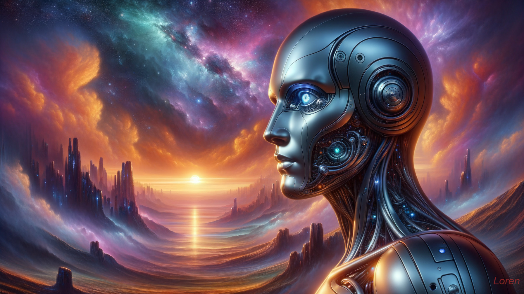 Futuristic Robot in Cosmic Landscape with Sunset Hues