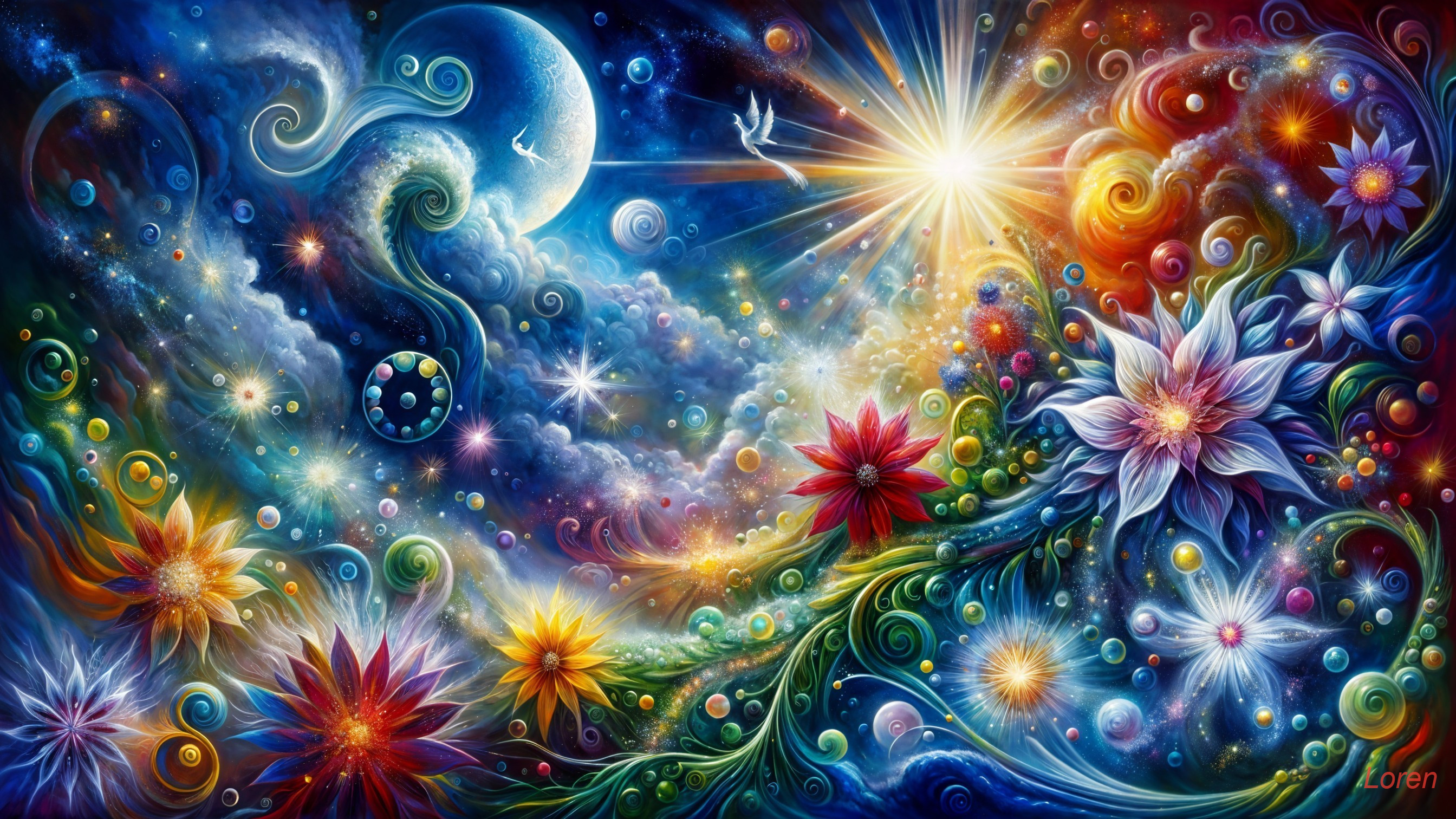 Vibrant Cosmic Scene with Galaxies and Flowers