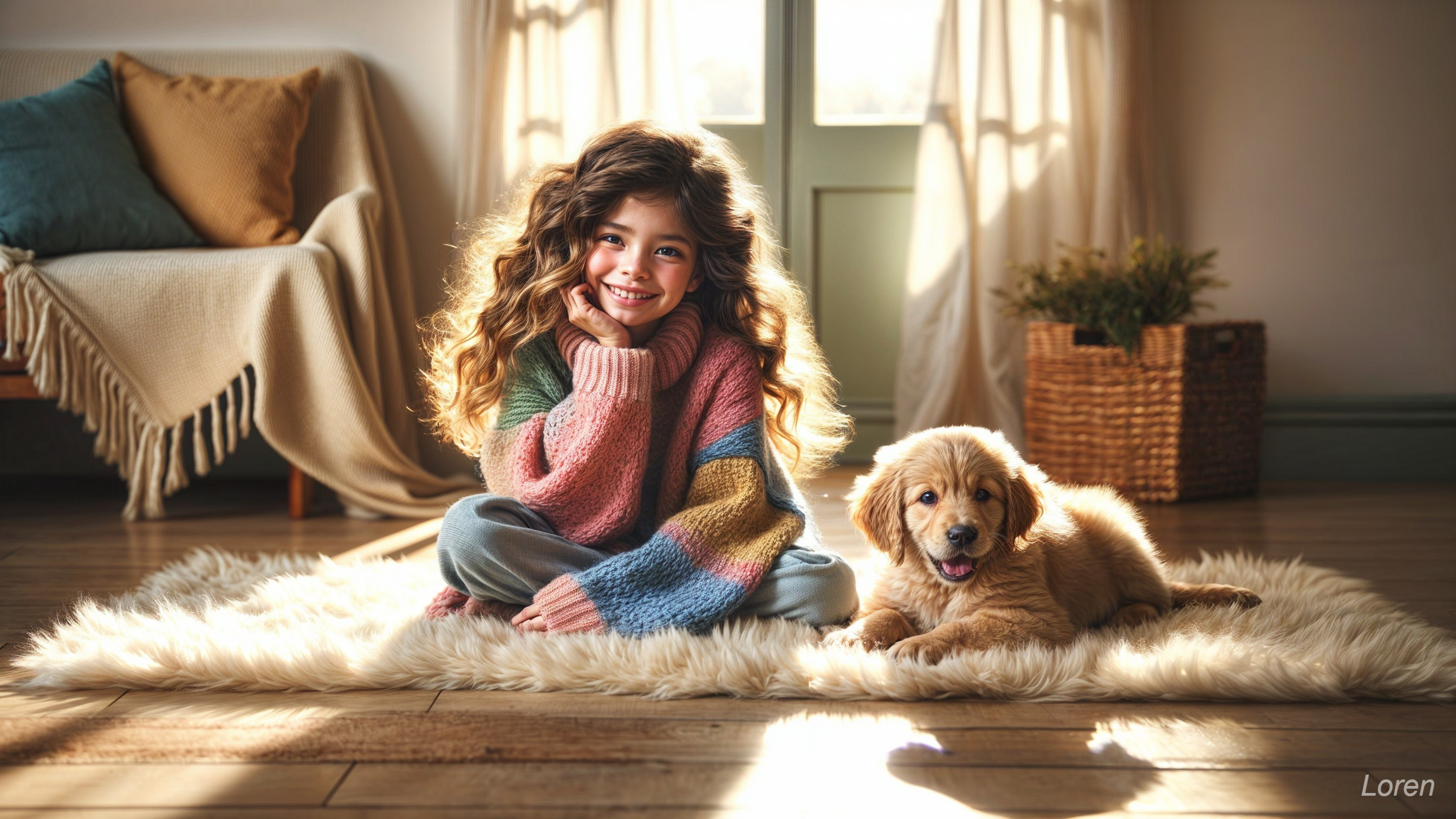 Cozy Room with Girl, Puppy, and Soft Furnishings