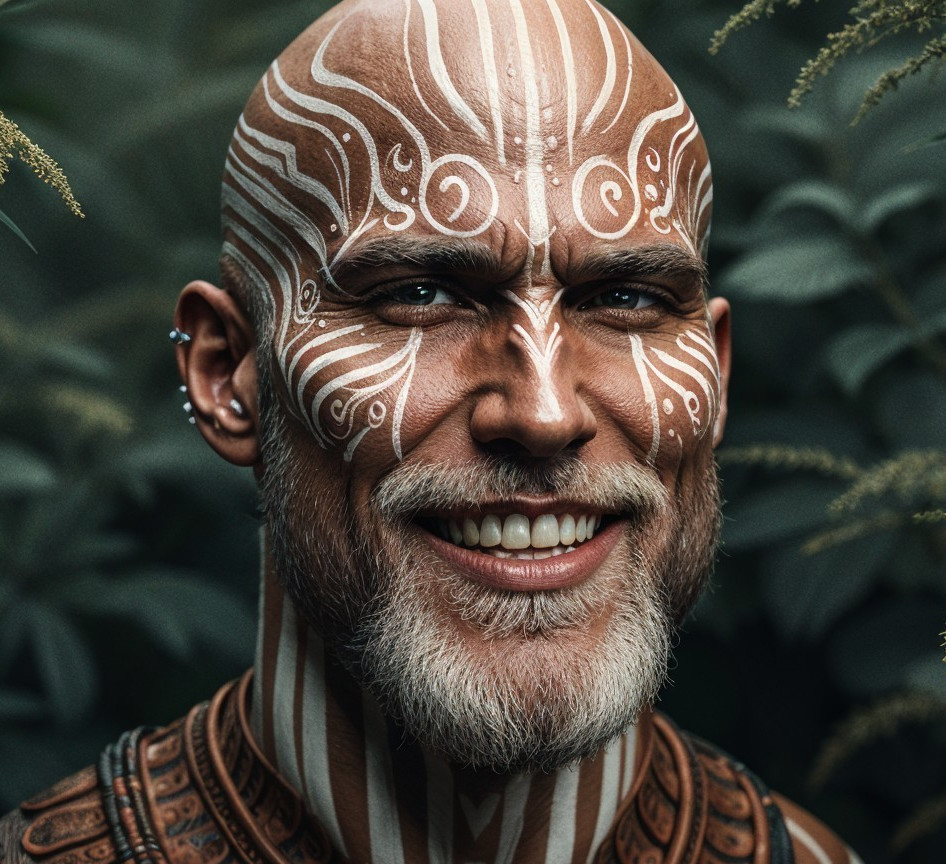 Muscular Man with Intricate Body Paint in Nature