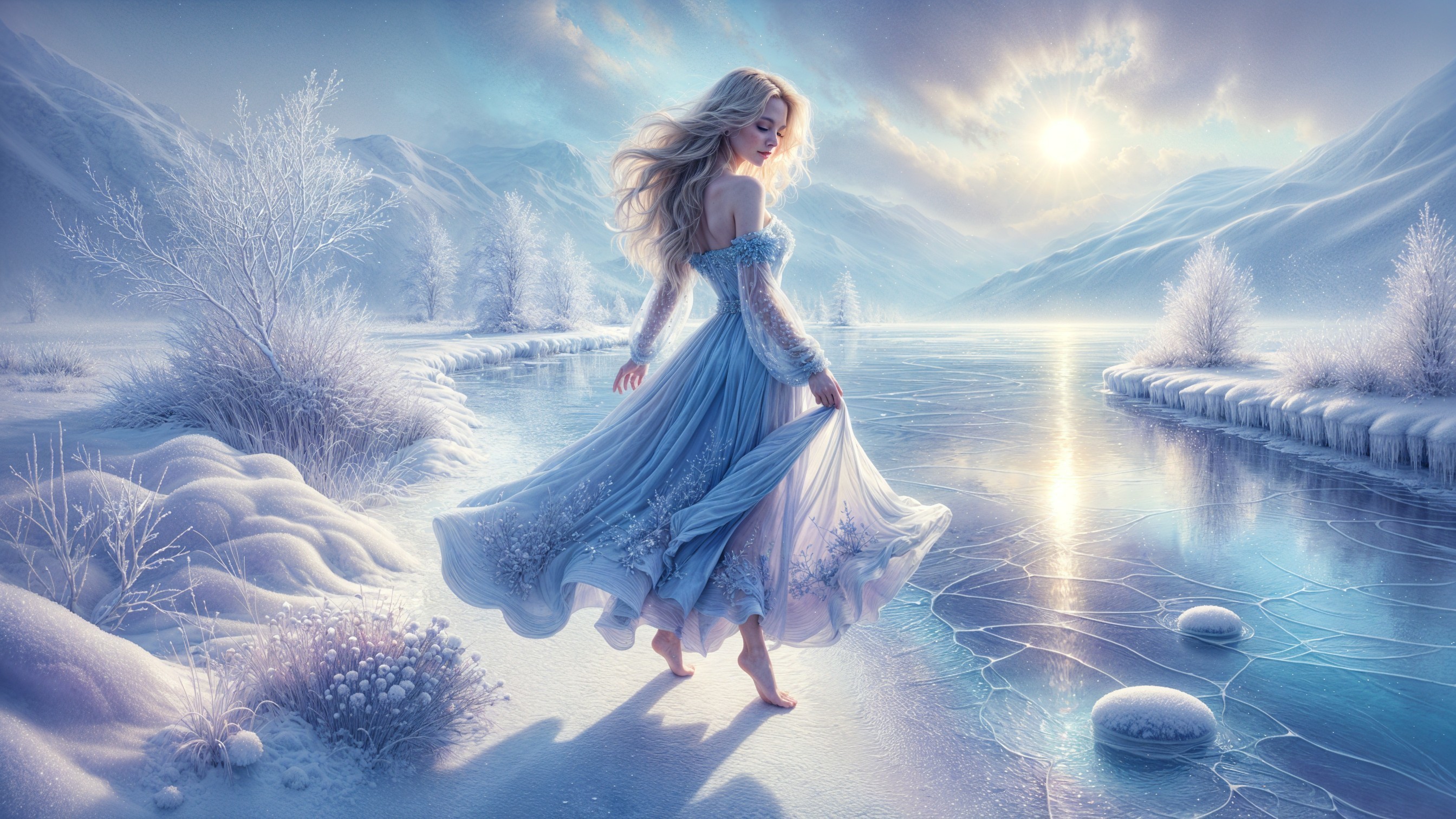 Serene Winter Landscape with Woman in Blue Gown