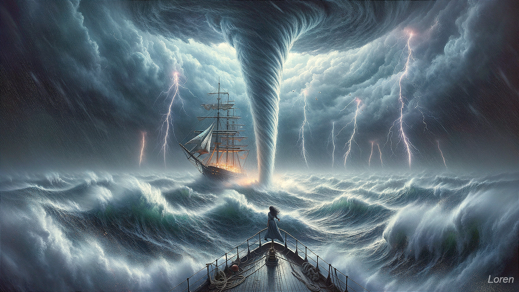 Dramatic Ocean Scene with Tornado and Classic Ship