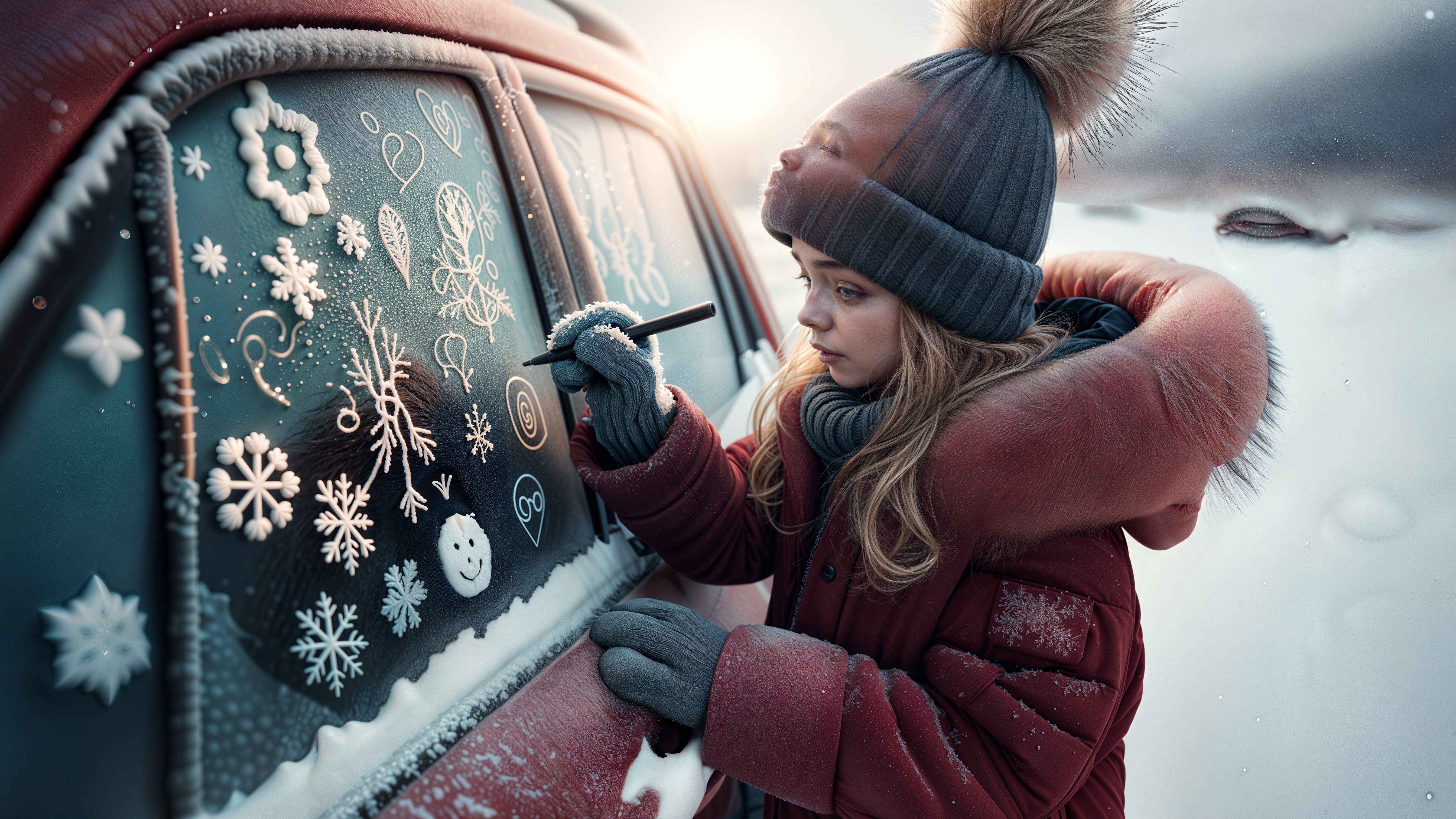 Young girl draws on frosty car window in winter scene