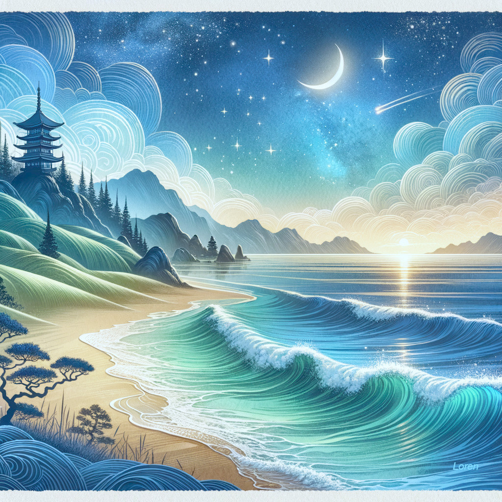 Coastal Landscape with Mountains and Pagoda at Night