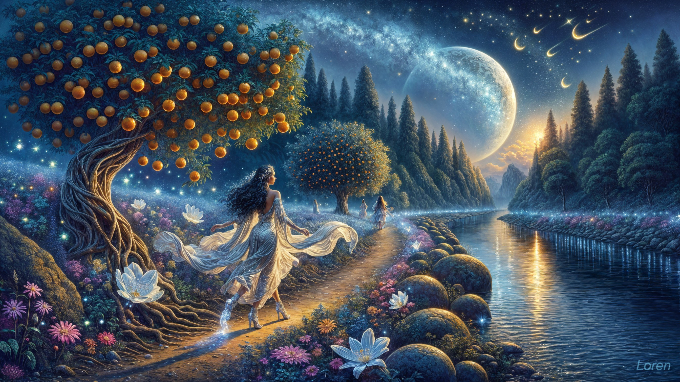 Serene Landscape with River and Night Sky Elements