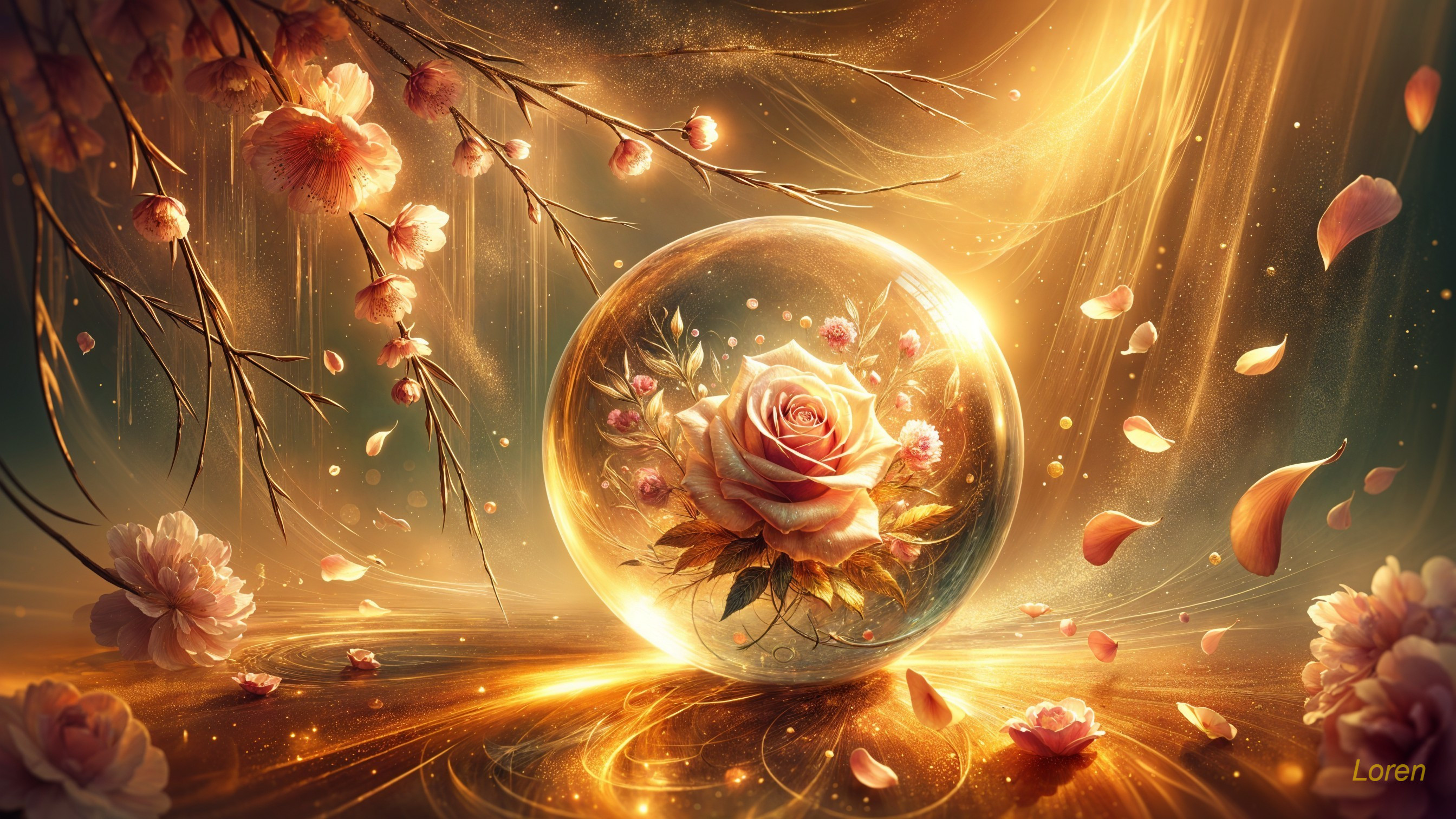 Delicate rose in glass sphere with cherry blossoms