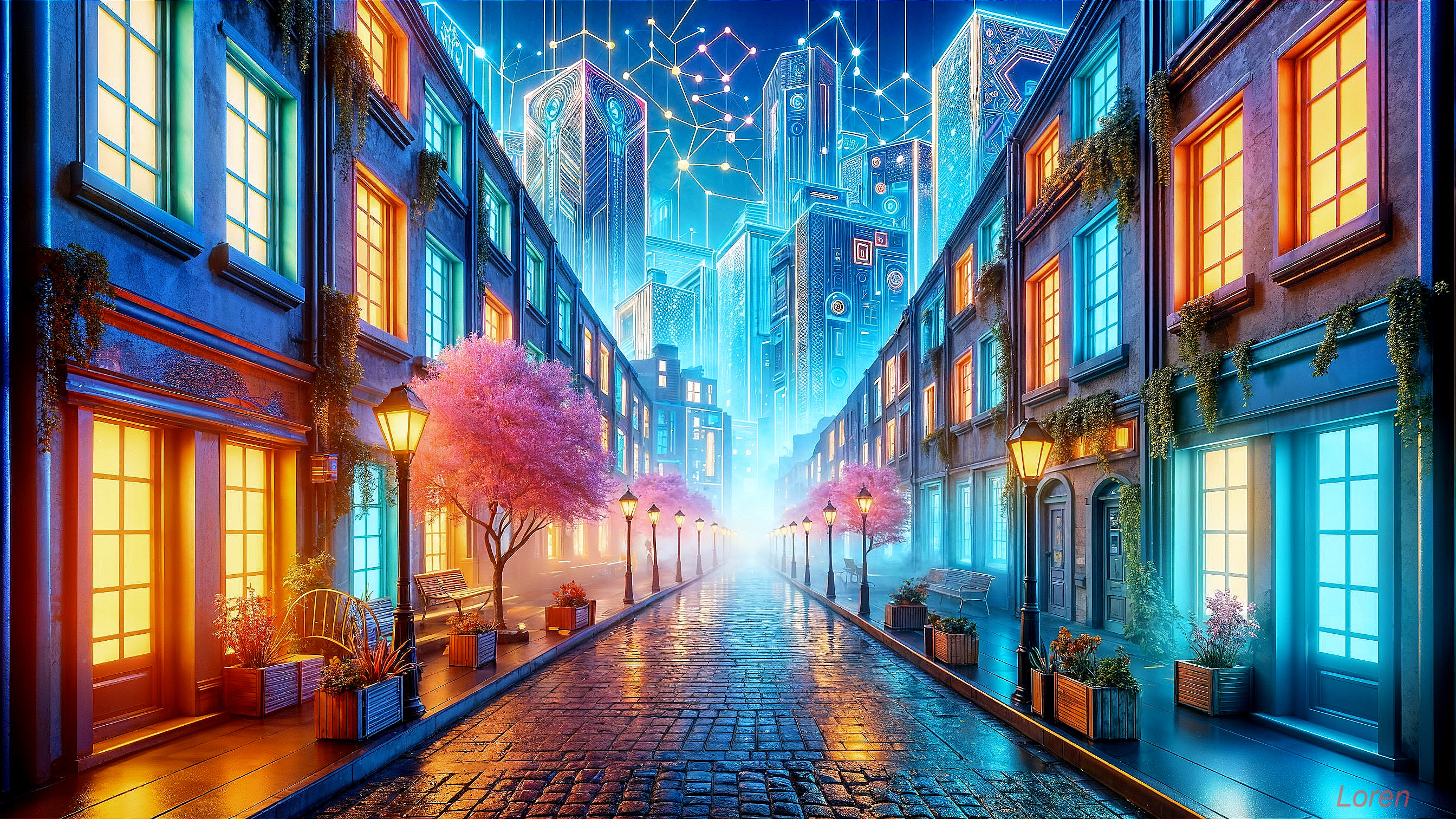 Futuristic Street Scene with Neon Lights and Cherry Blossoms