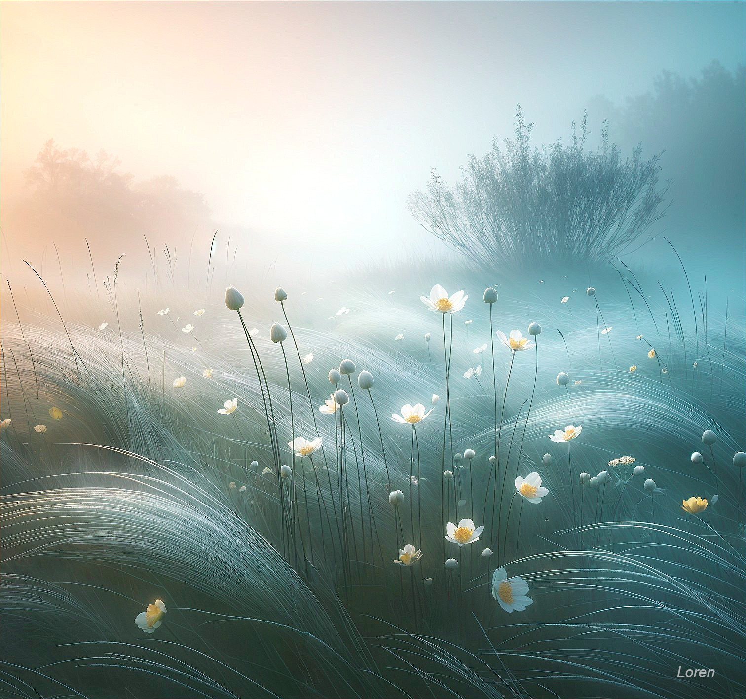 Tranquil Misty Landscape with Wildflowers and Grass