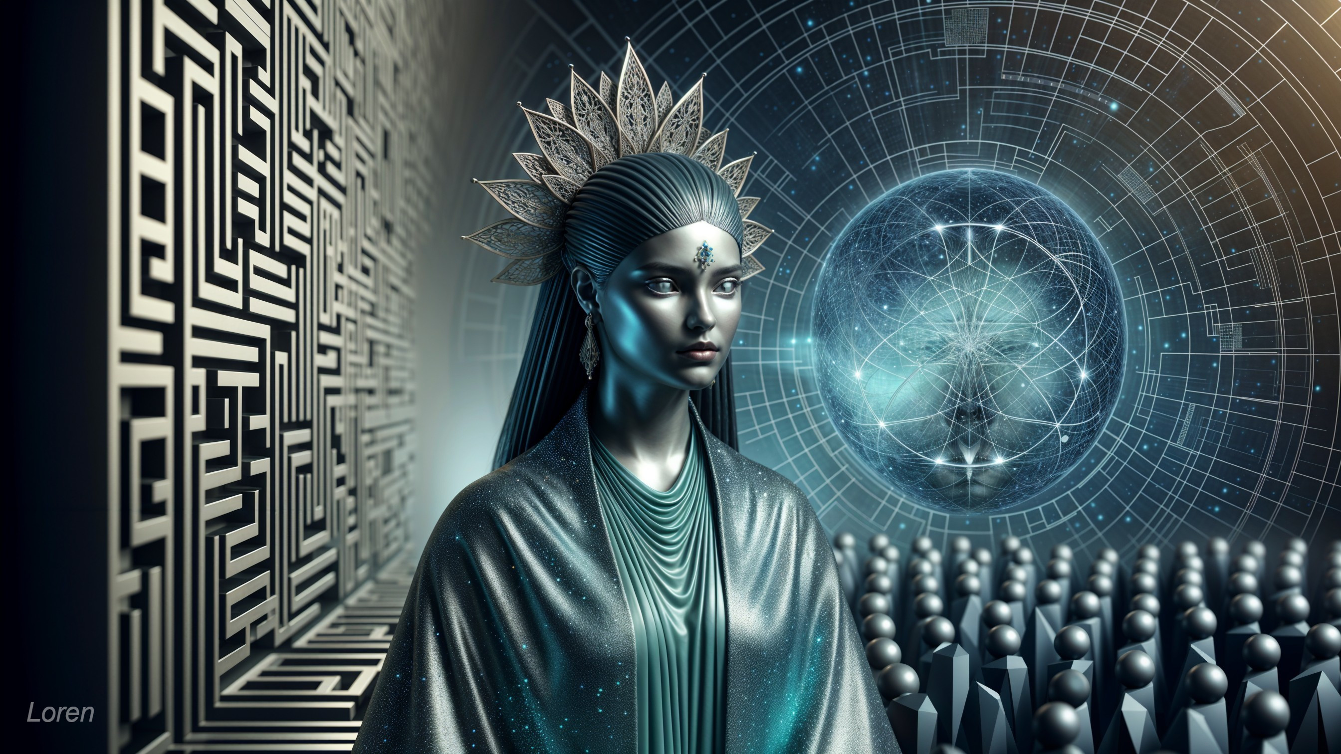 Futuristic figure with headdress gazes at glowing orb