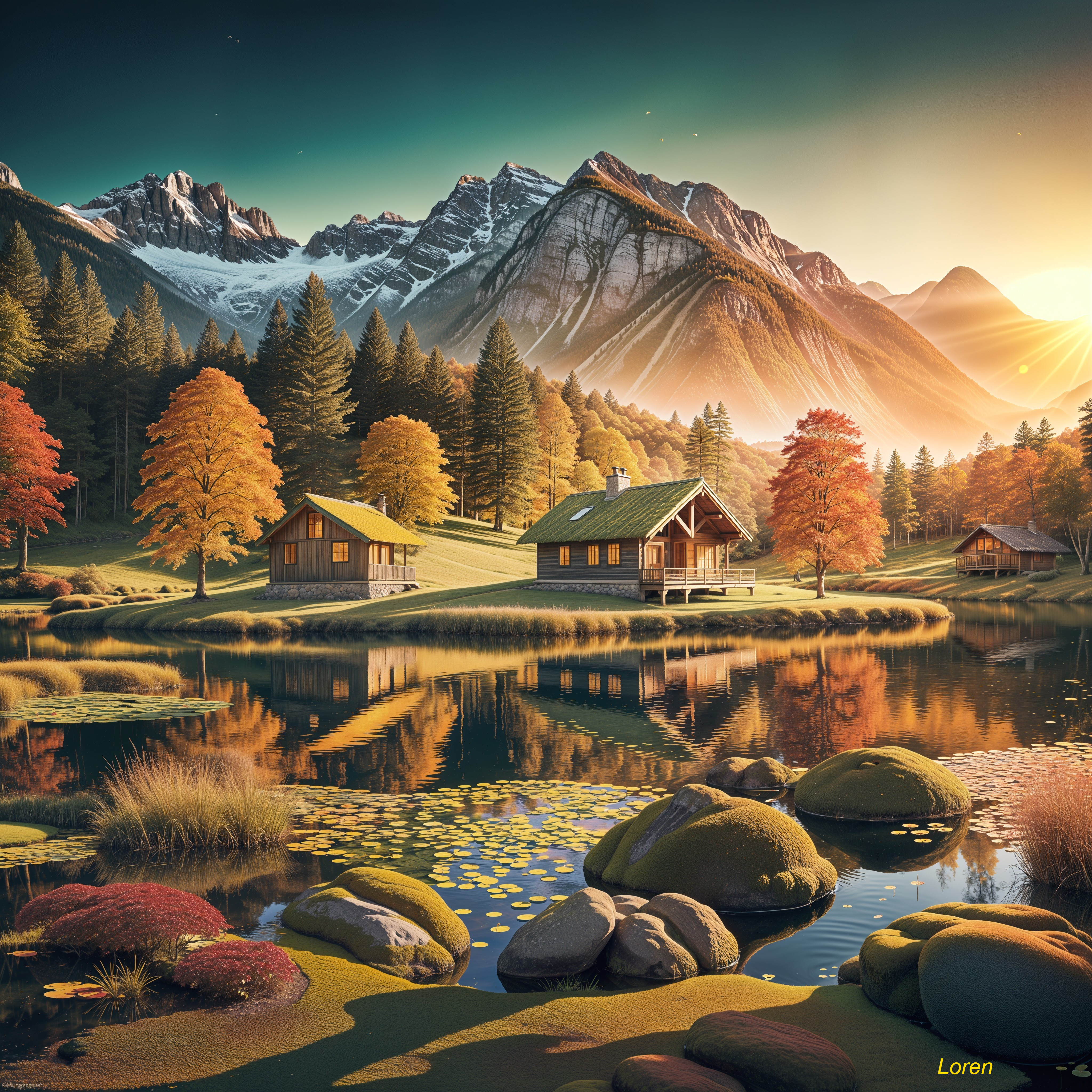 Charming Cabins by a Tranquil Lake in Autumn Landscape