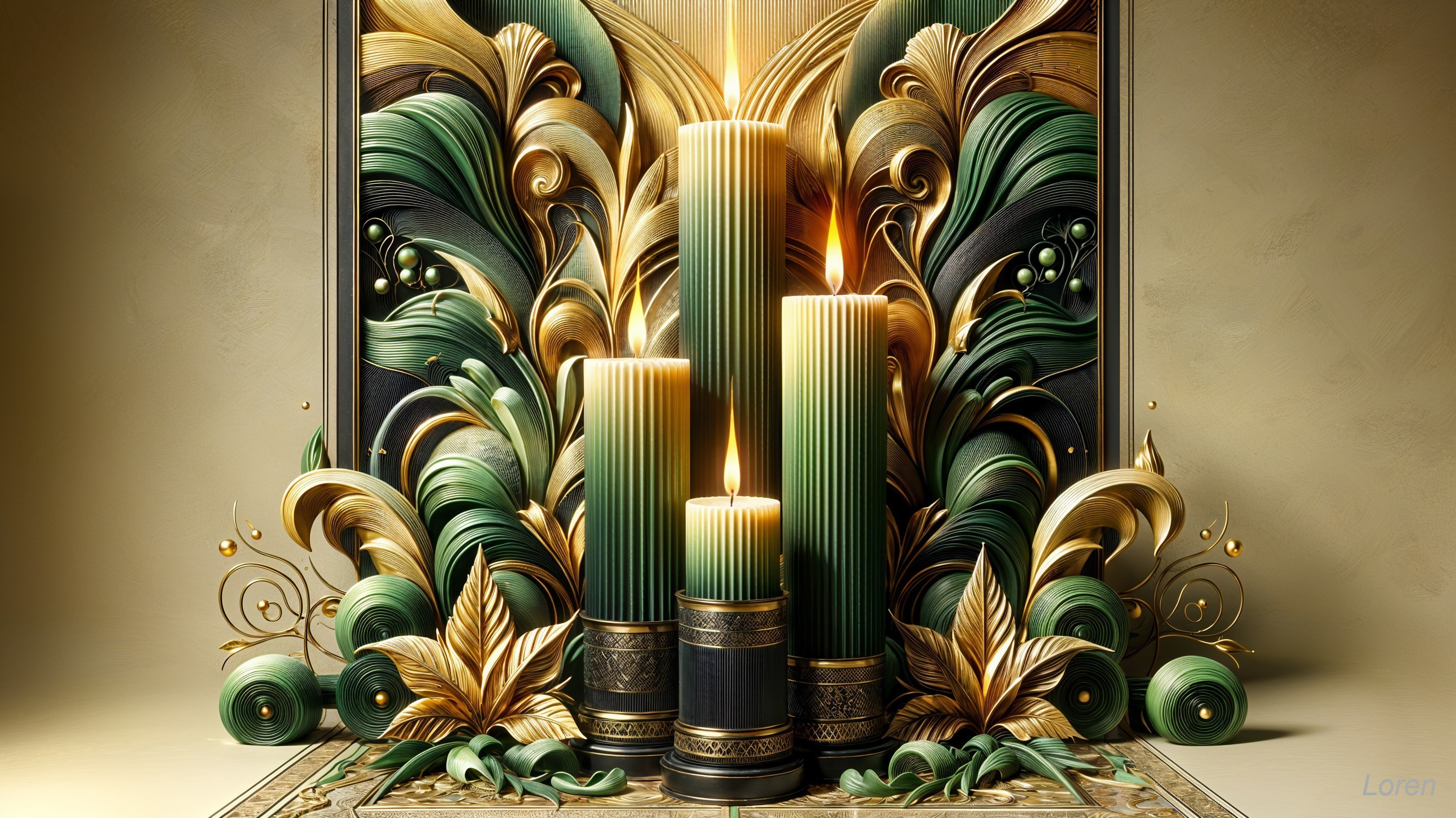 Elegant Candles Surrounded by Leafy Green Designs