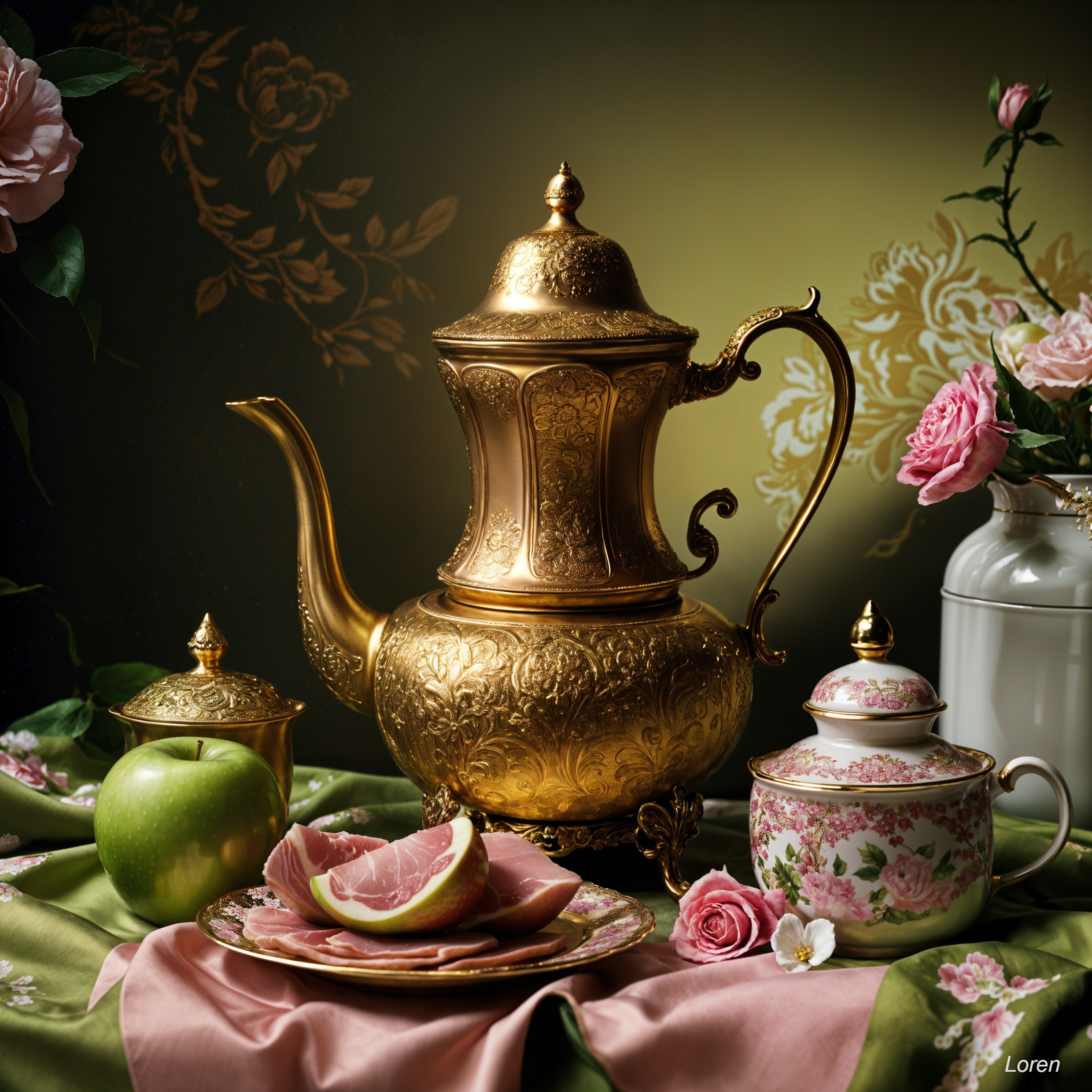 Elegant Table Setting with Golden Teapot and Fruits