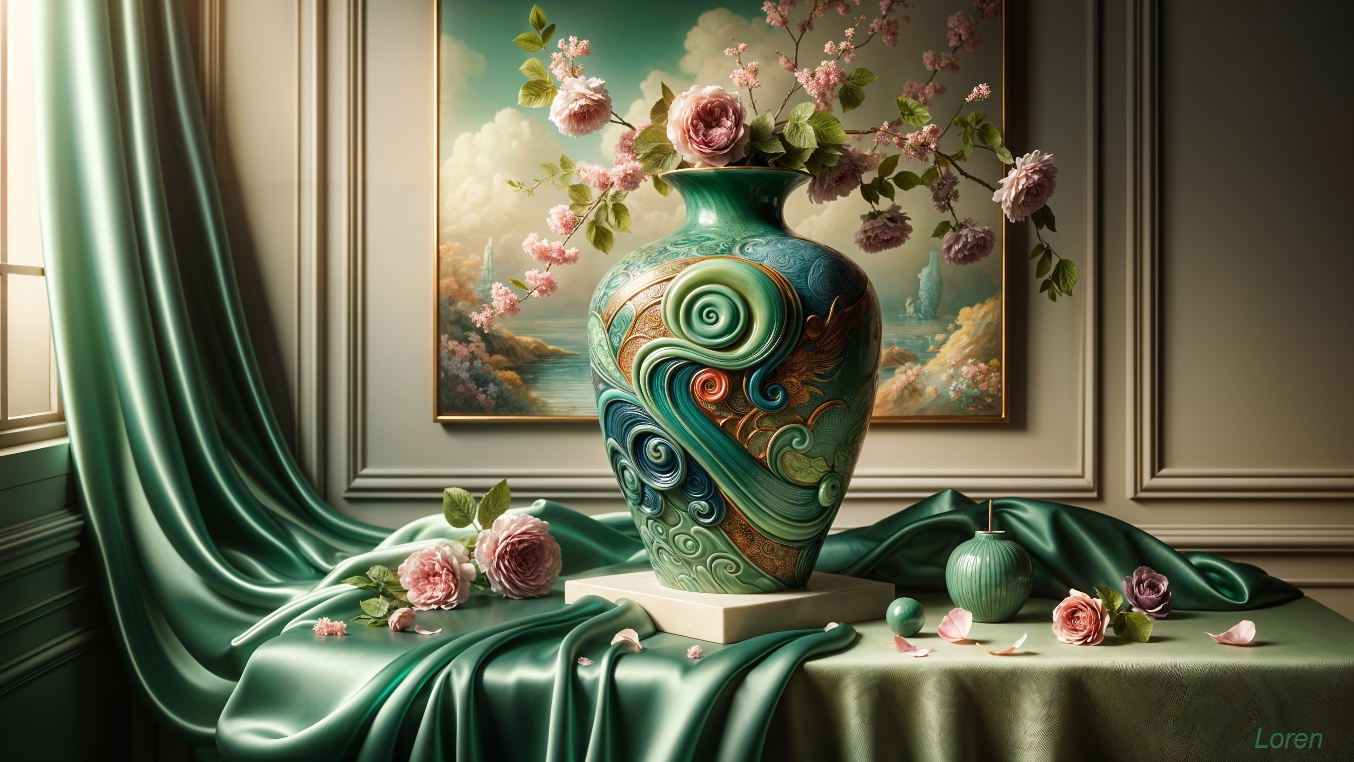 Ornate vase with roses and serene landscape backdrop