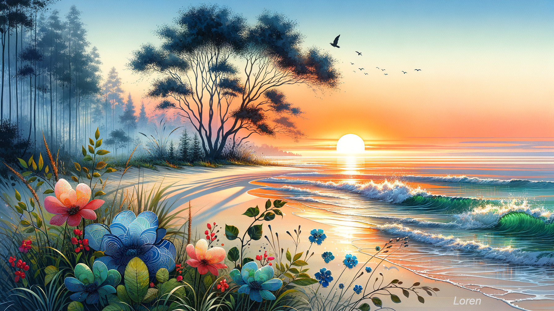 Serene Beach Sunset with Vibrant Flowers and Waves