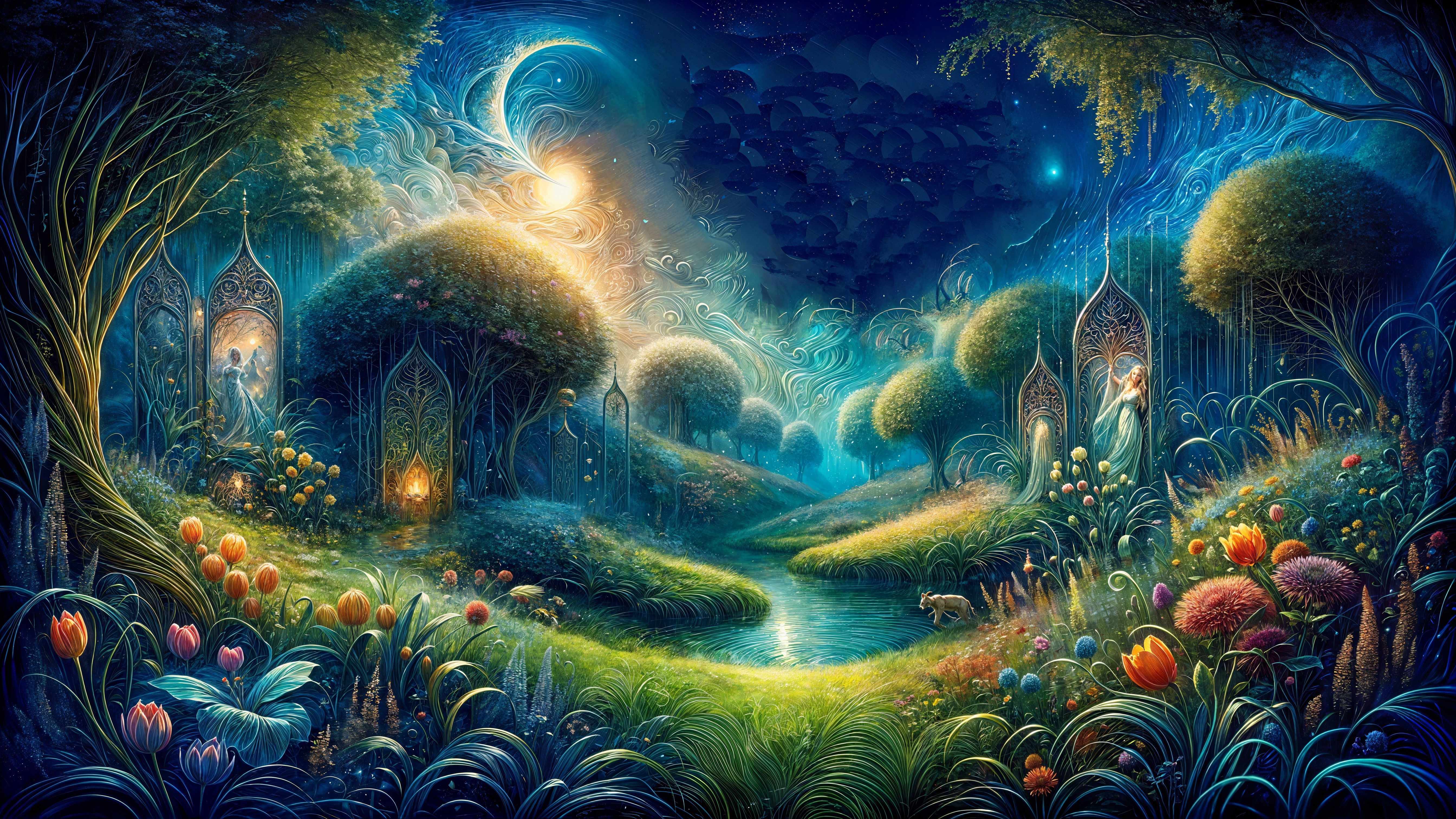 Surreal Landscape with Glowing Trees and River