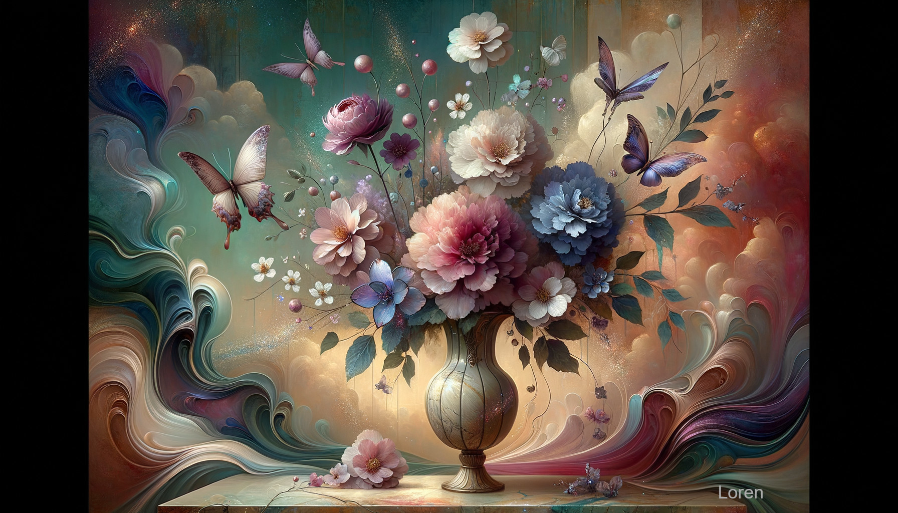 Vibrant Flower Bouquet in Decorative Vase with Butterflies