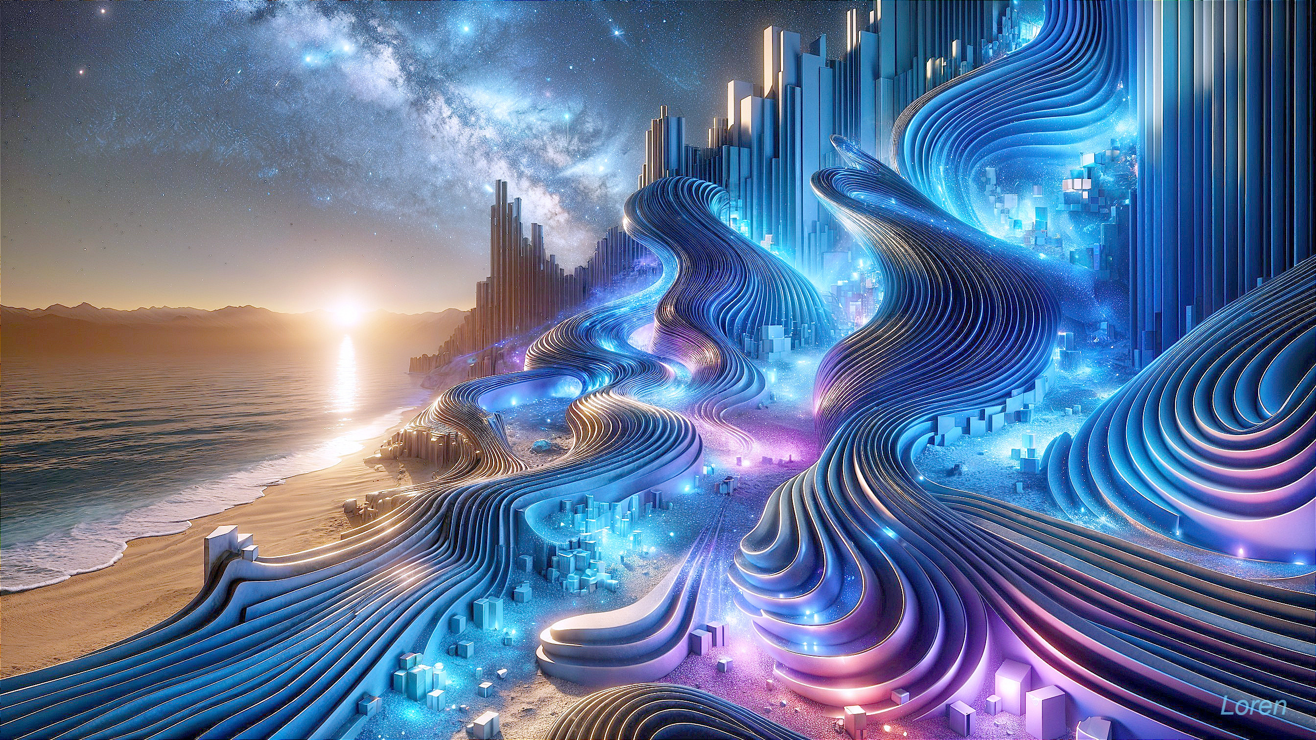 Futuristic Landscape with Iridescent Structures by Ocean