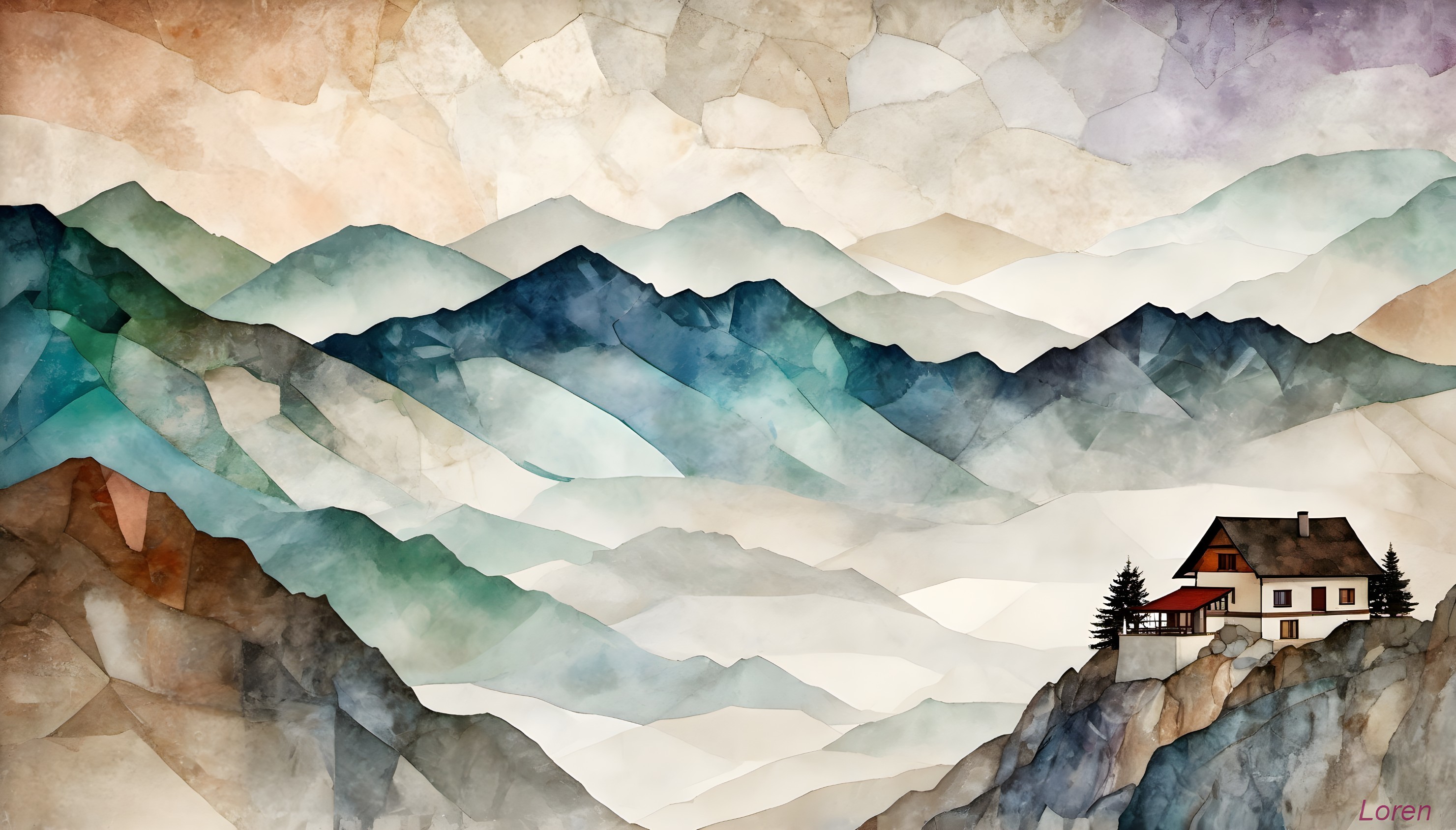 Layered Blue and Brown Mountain Watercolor with Solitary Cliff House