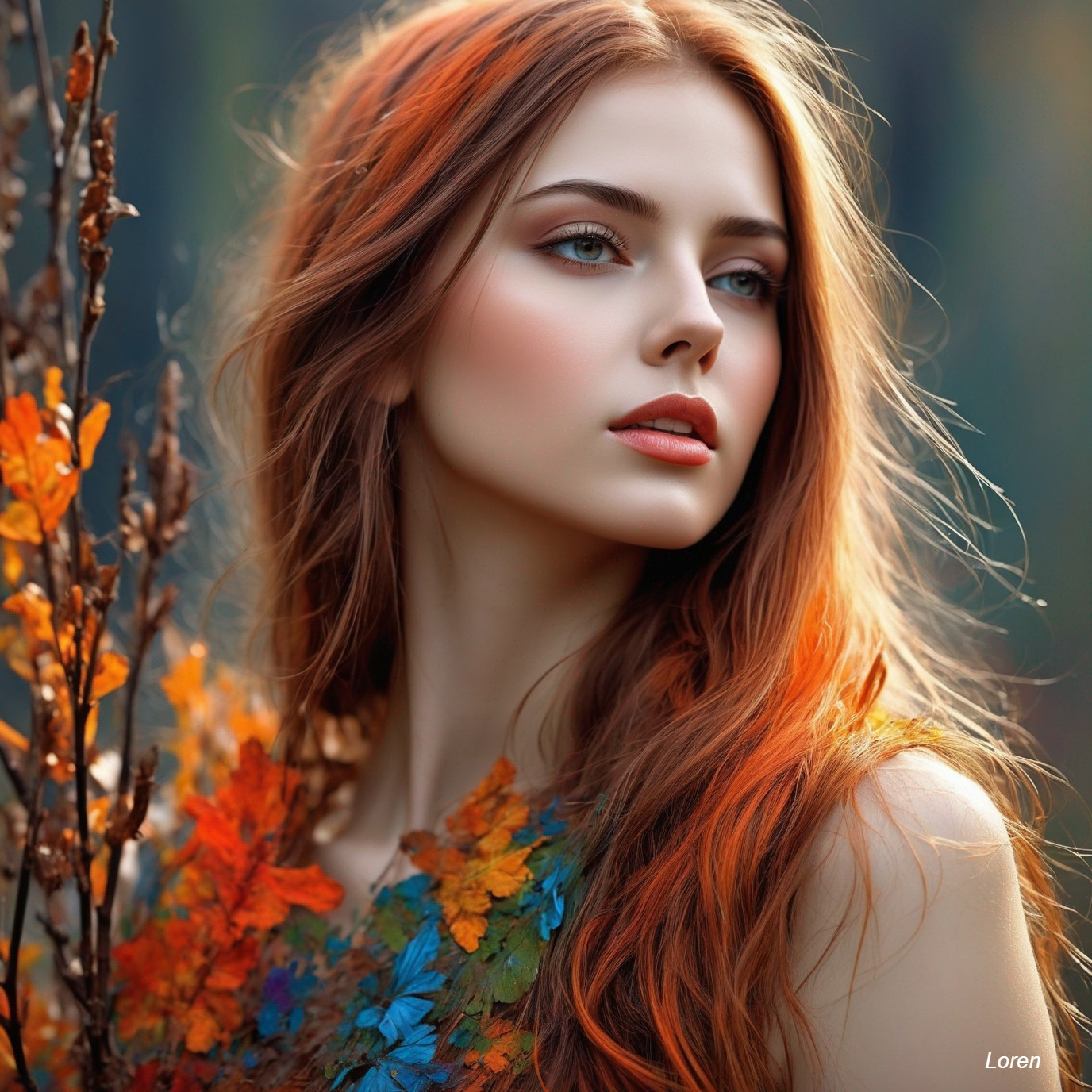 Woman with Long Red Hair in Autumn Leaves and Blue Eyes