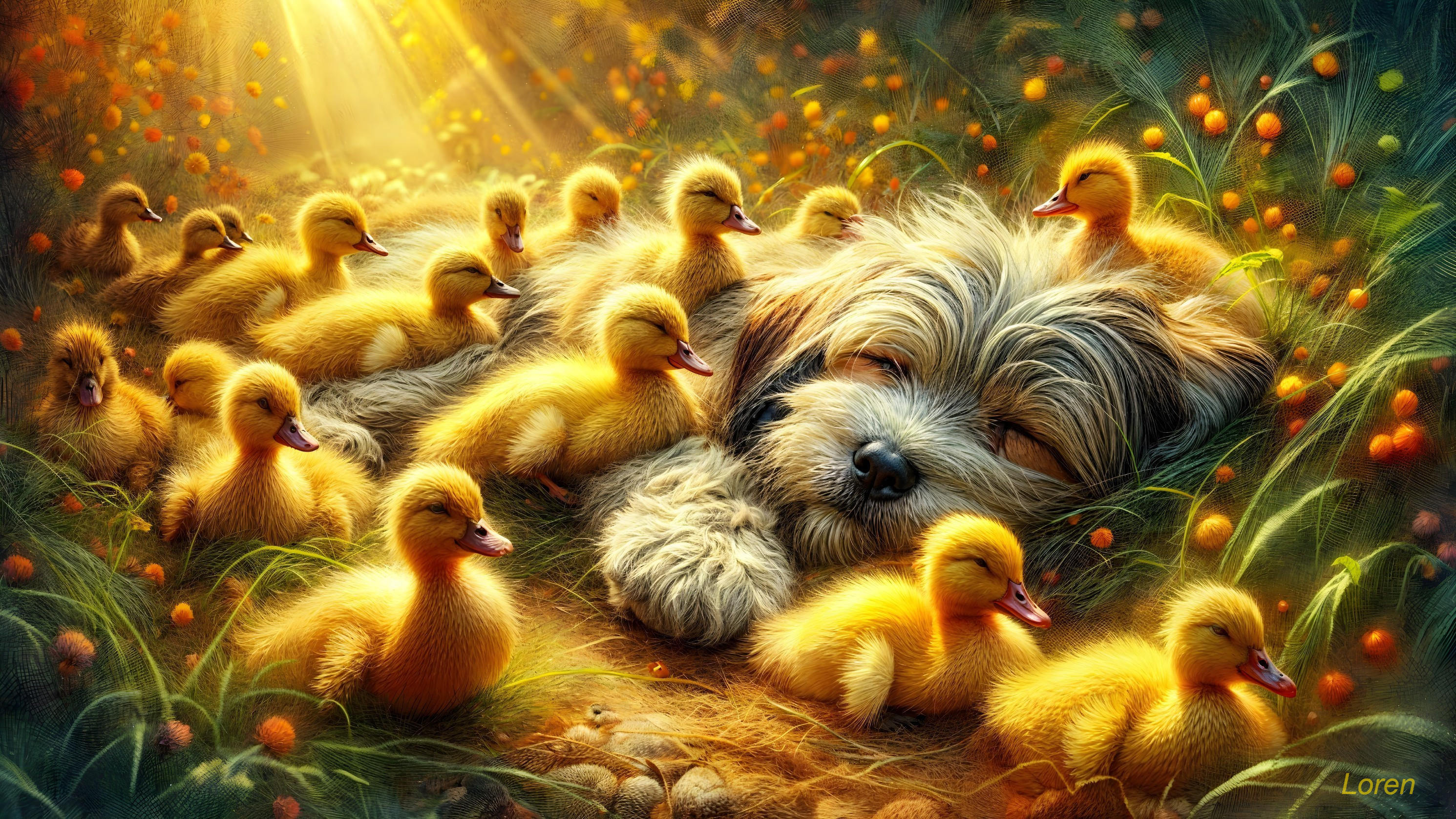 Fluffy Dog and Yellow Ducklings in Sunlit Grove