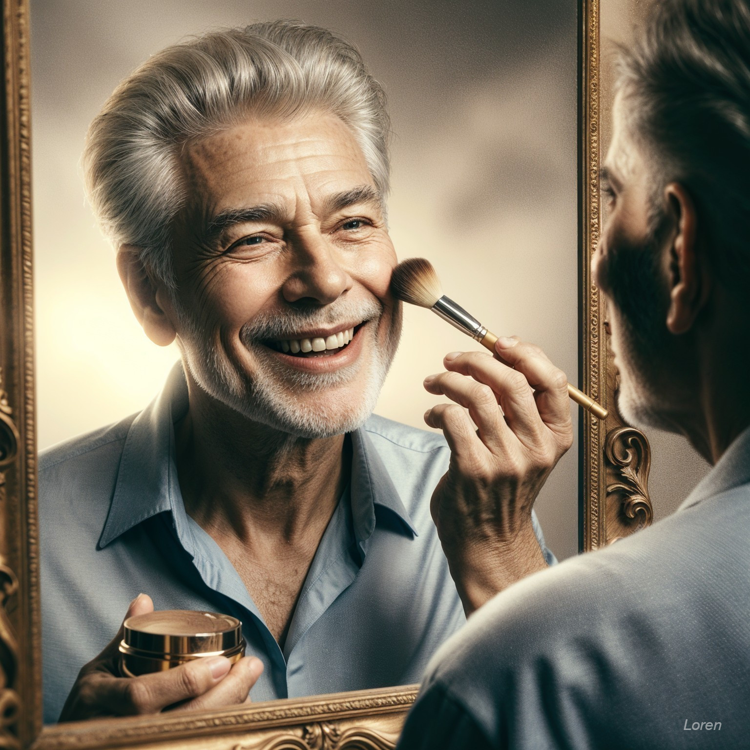 Sophisticated Man Applying Makeup in Warm Lighting