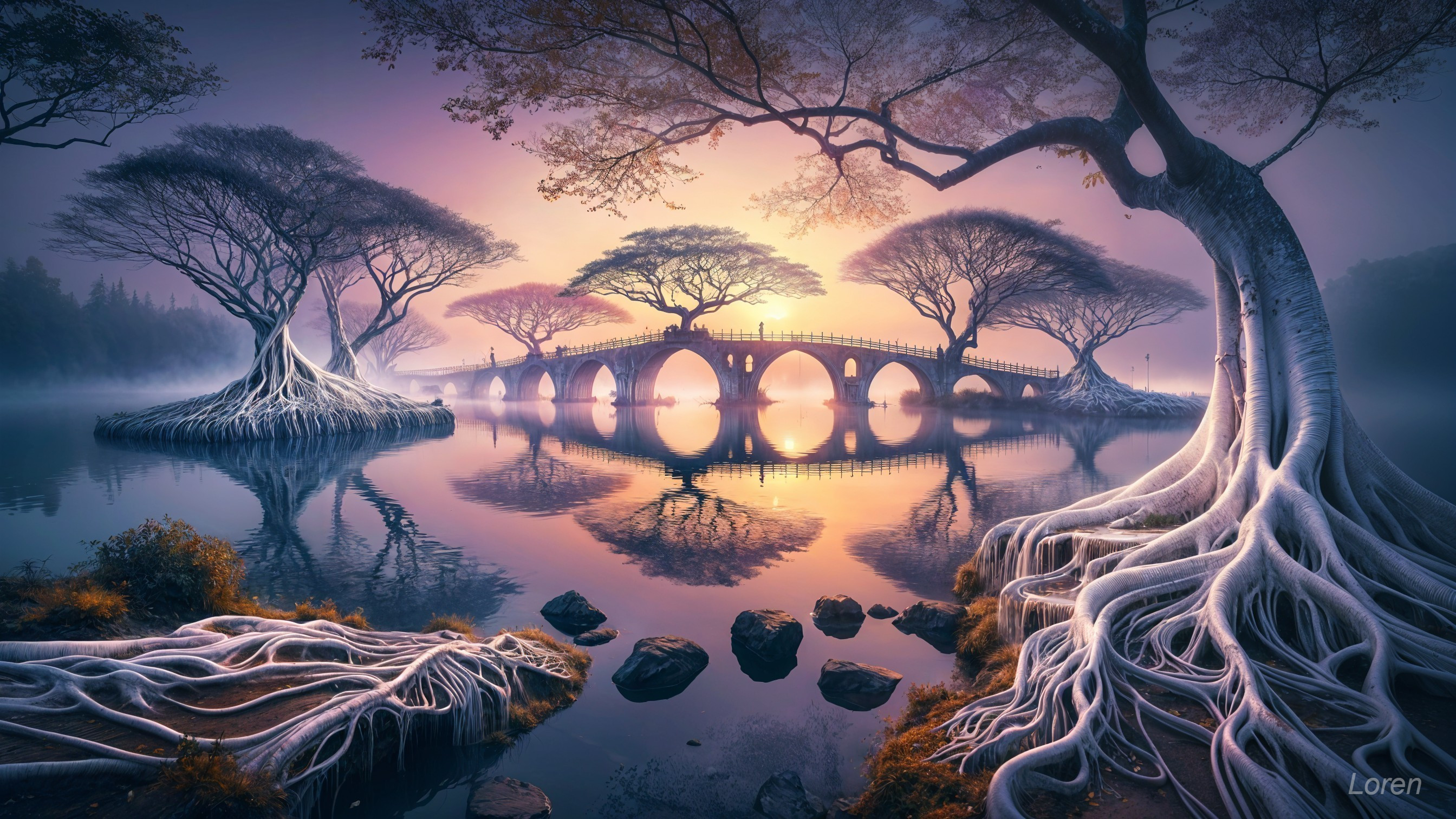 Serene Dawn Landscape with Misty Bridge and Lake