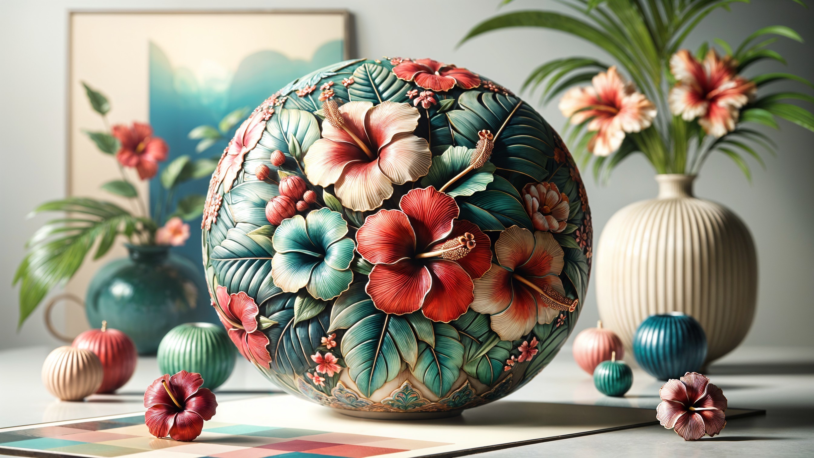 Spherical Vase with Floral Designs and Decorative Elements