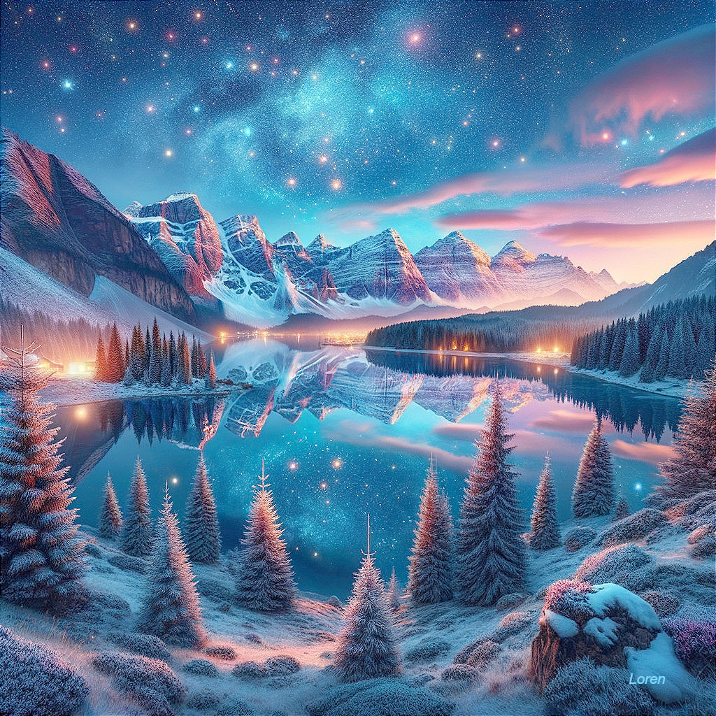 Serene Winter Landscape with Night Sky and Mountains