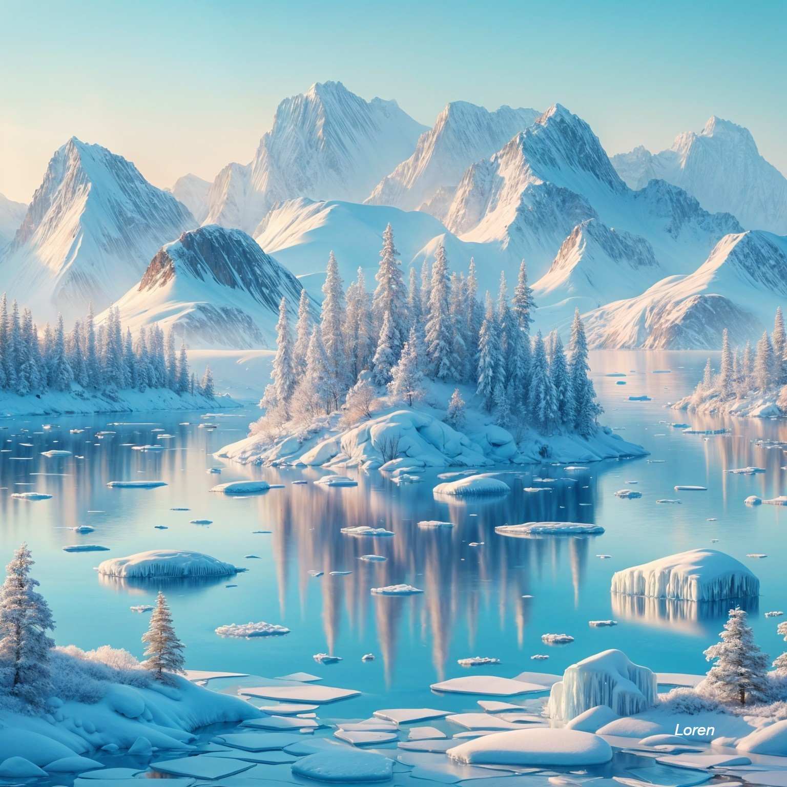 Serene Winter Landscape with Snow-Capped Mountains