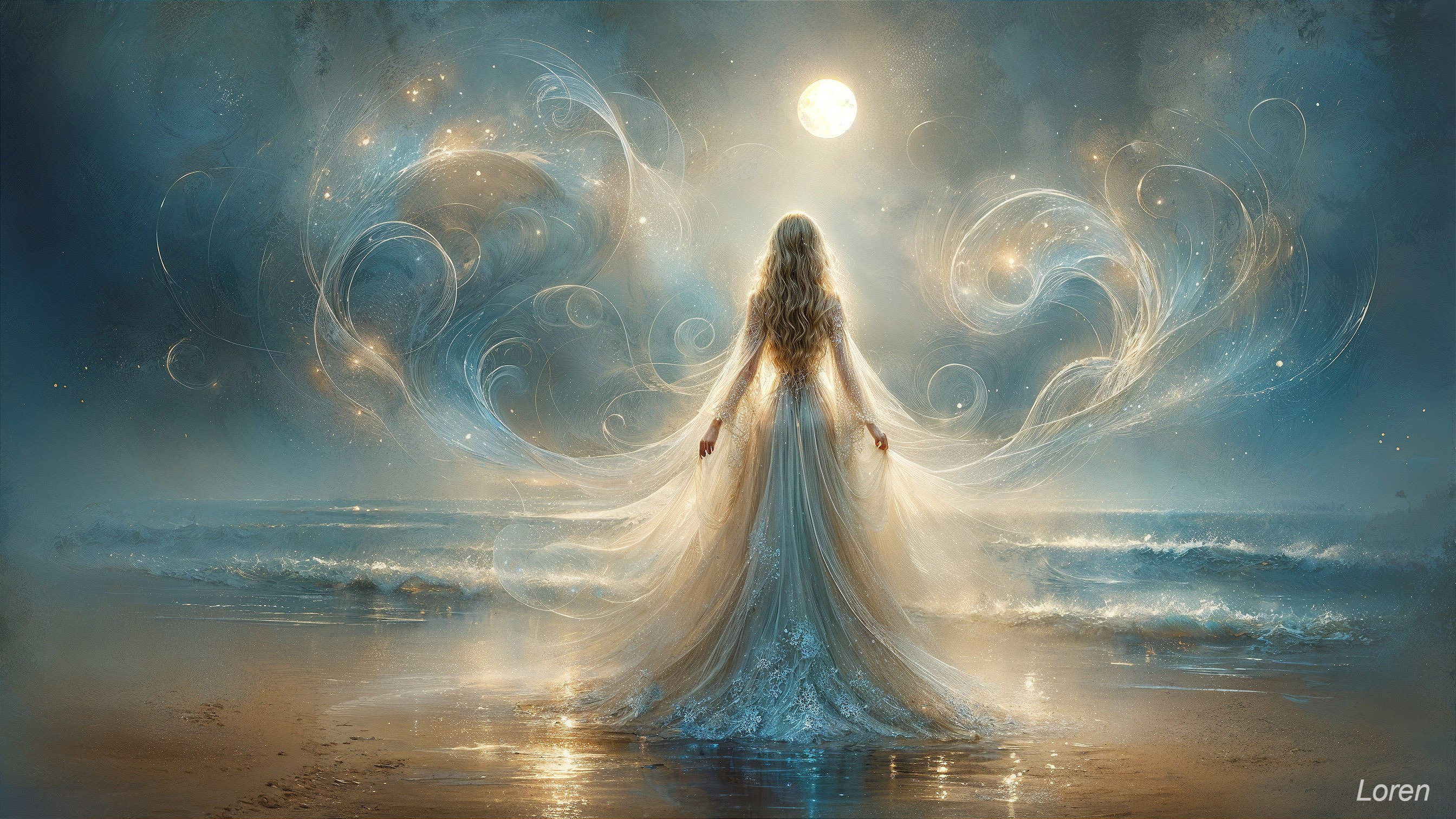 Mystical figure by the shore under a luminous moon