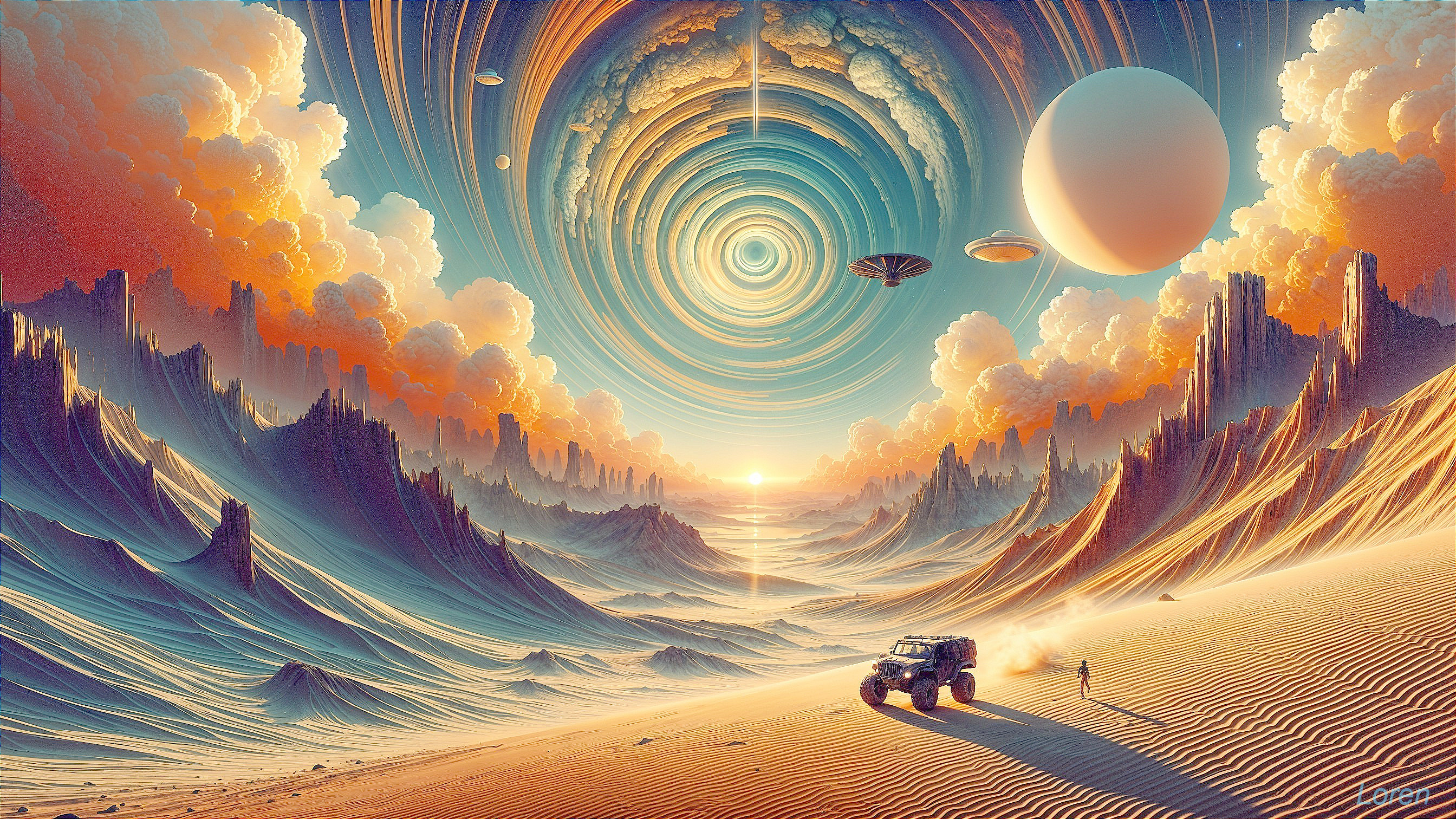Surreal Desert Landscape with Cosmic Elements and Vehicle