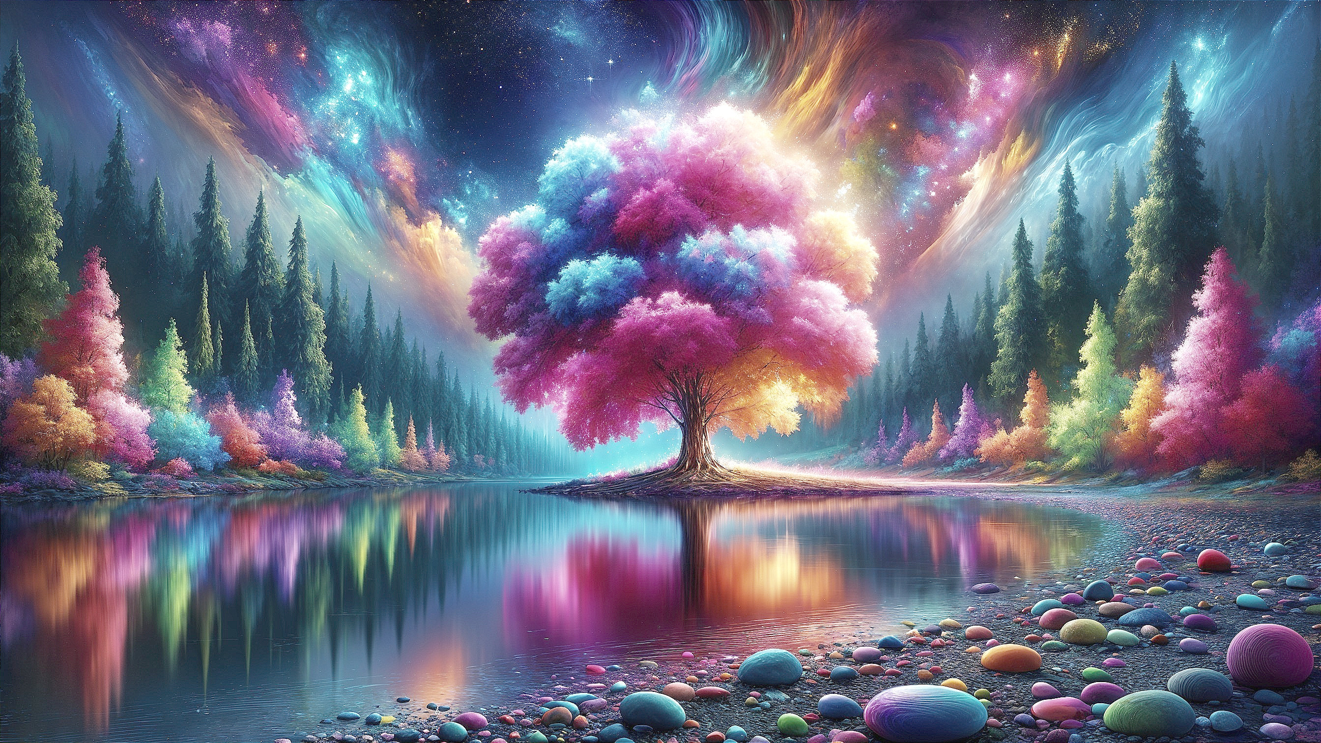 Surreal Landscape with Majestic Tree and Cosmic Sky