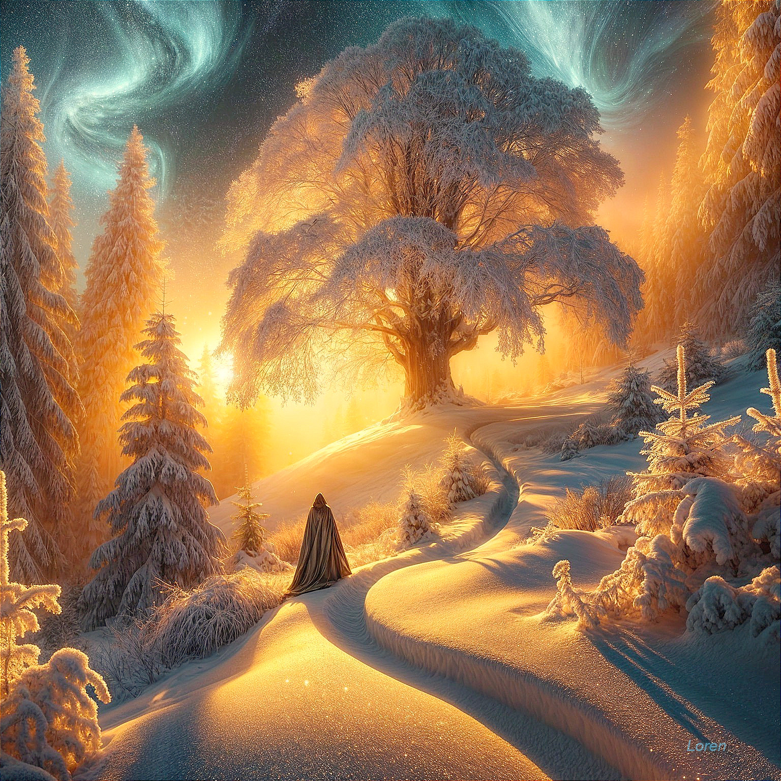 Lone Figure in Serene Snowy Landscape with Luminous Tree